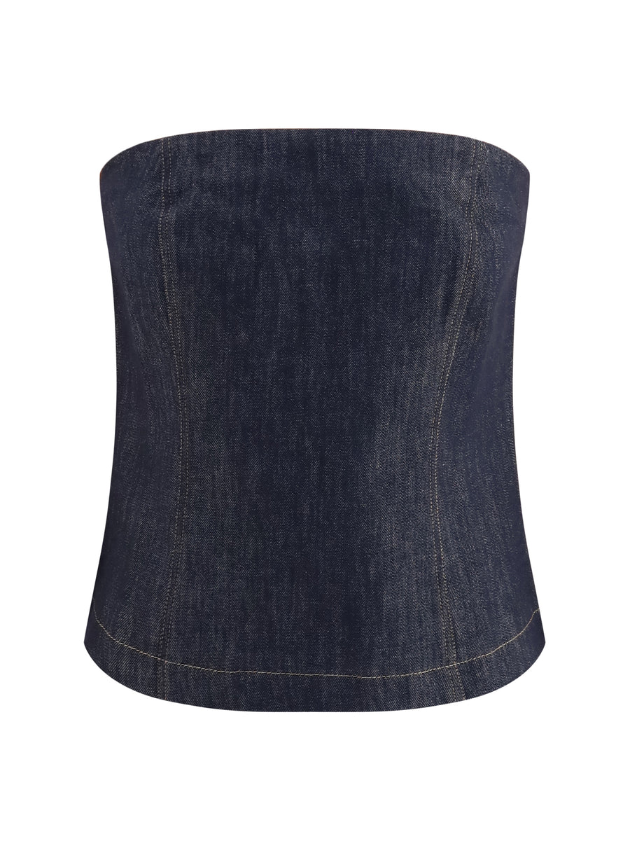 Denim Effect Twill Bandeau Top Blu Cotton