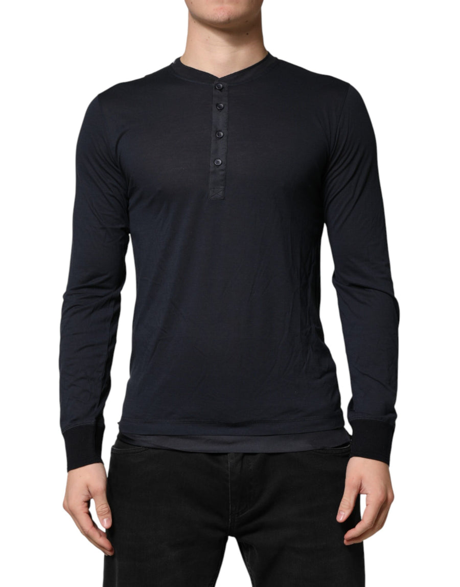 Dark Blue Cotton Henley Long Sleeves T-Shirt Co+se