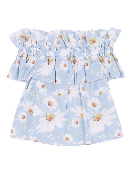 Printed poplin ruffled top Light Blue
