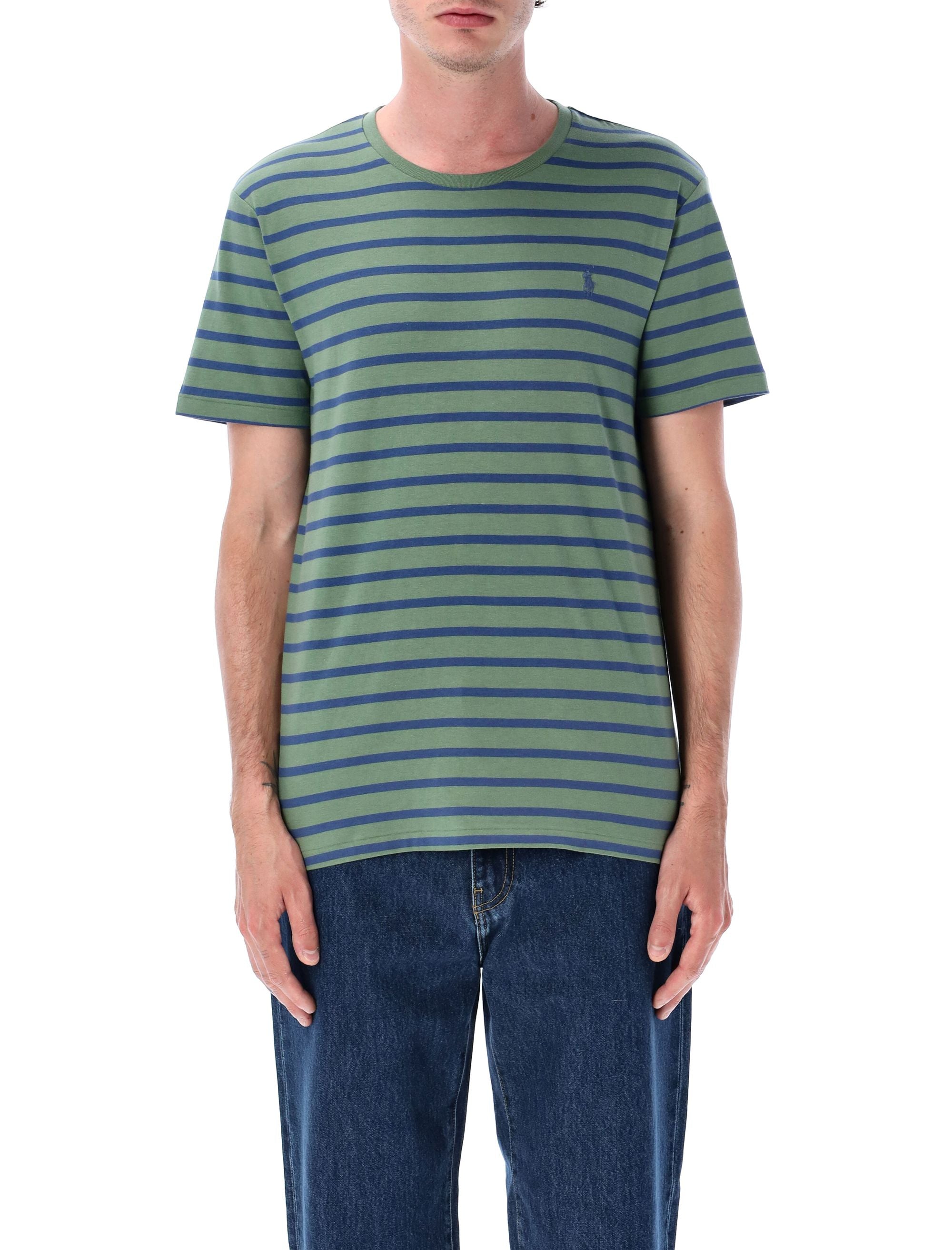 Custom slim fit striped jersey t-shirt Olive Green Cotton