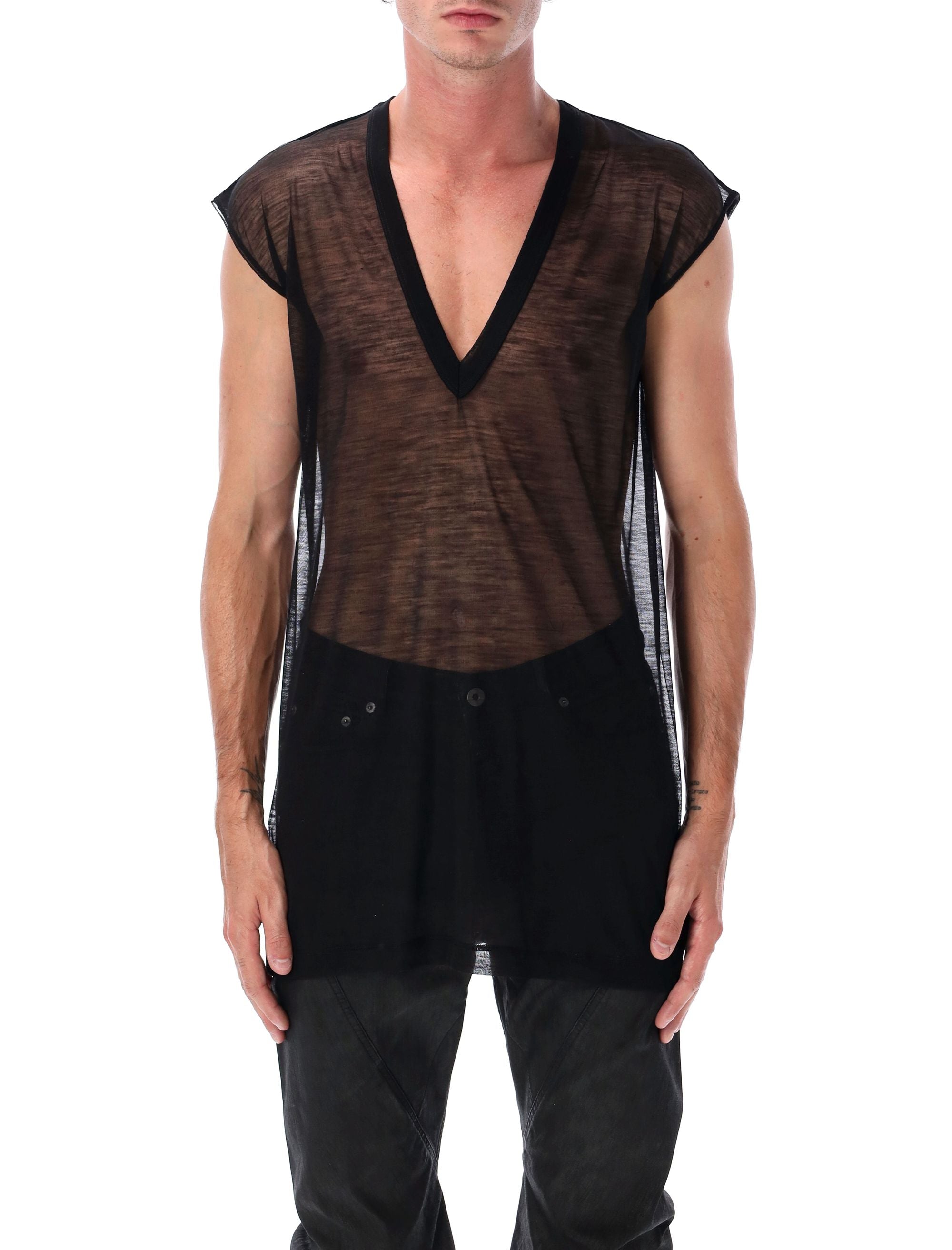 Rick Owens Black Sheer Wool Deep V Tank T-shirt