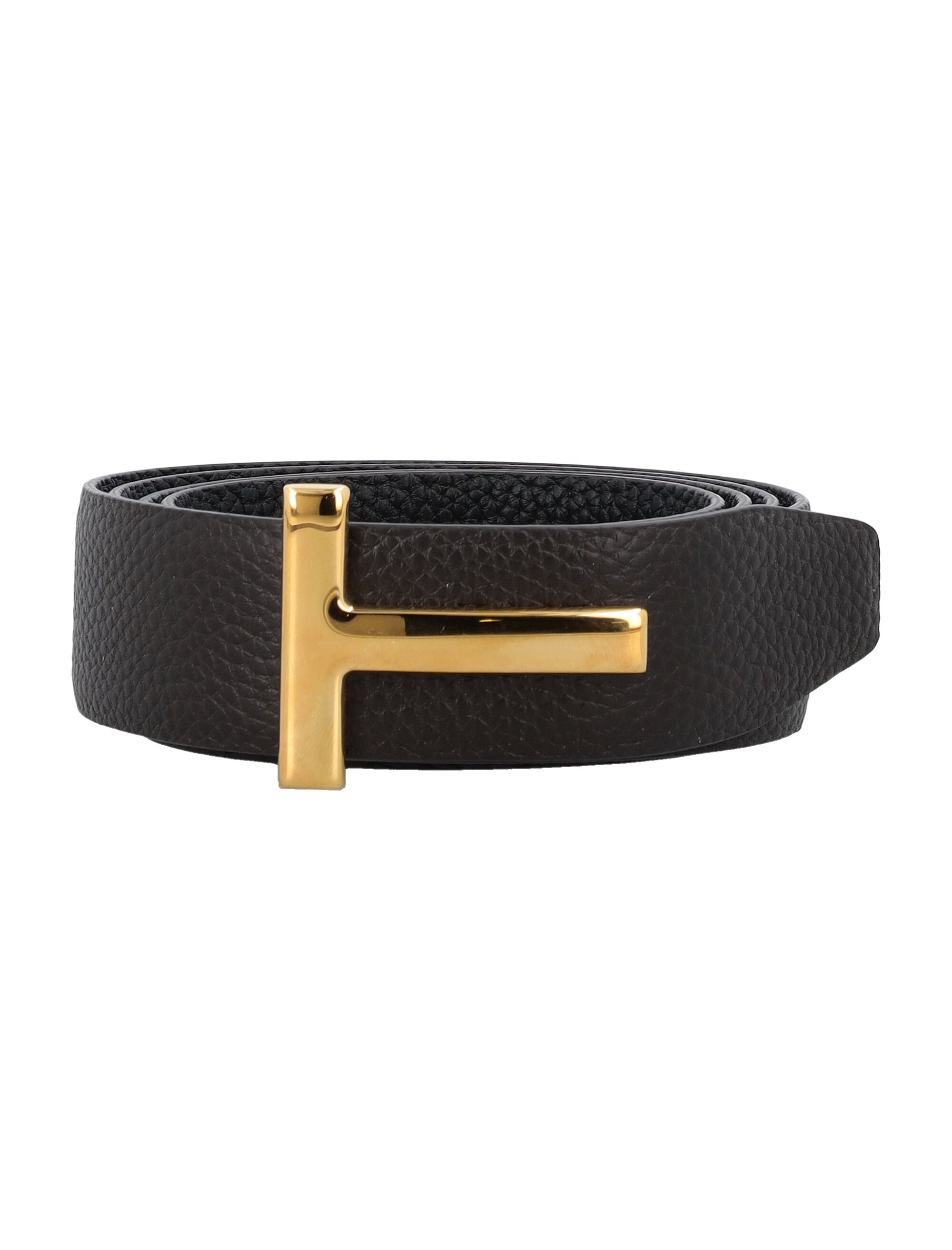 Small grain leather icon belt Brown Black T Gold Upper
