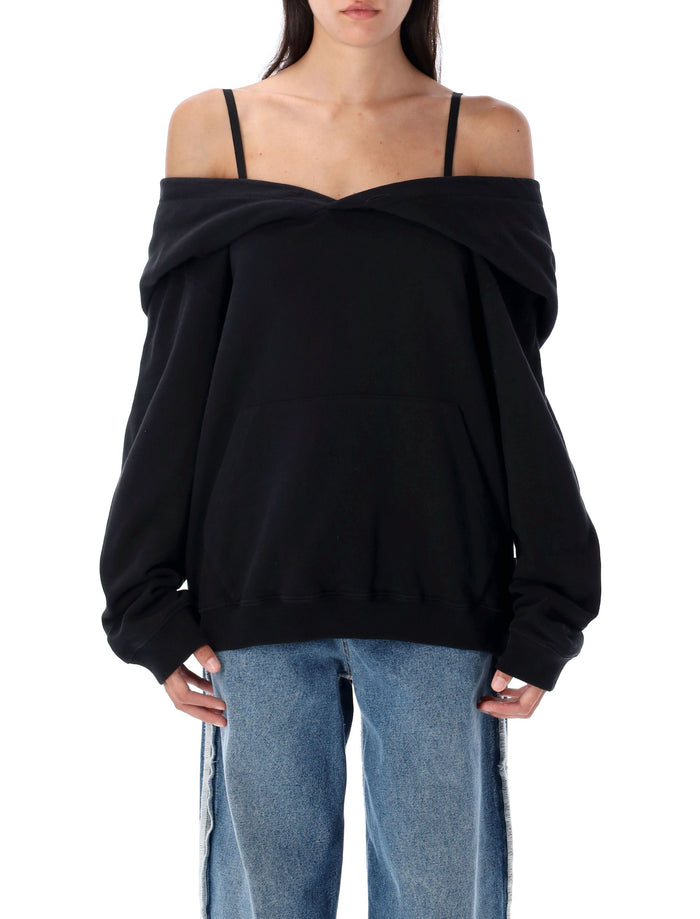 Off-Shoulder Hoodie Black Cotton Sweatshirt