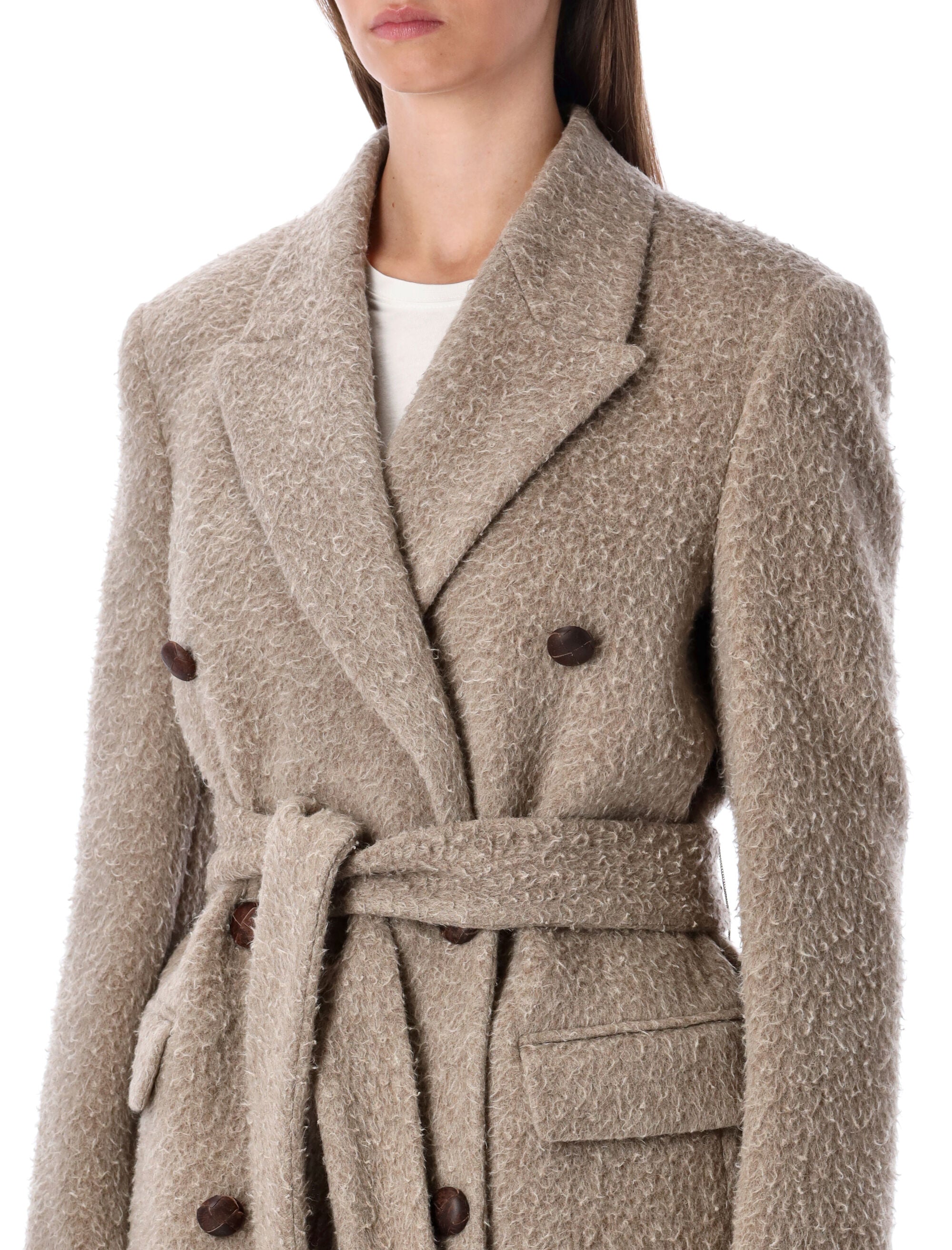 Long double-breasted greige mixed wool coat Virgin