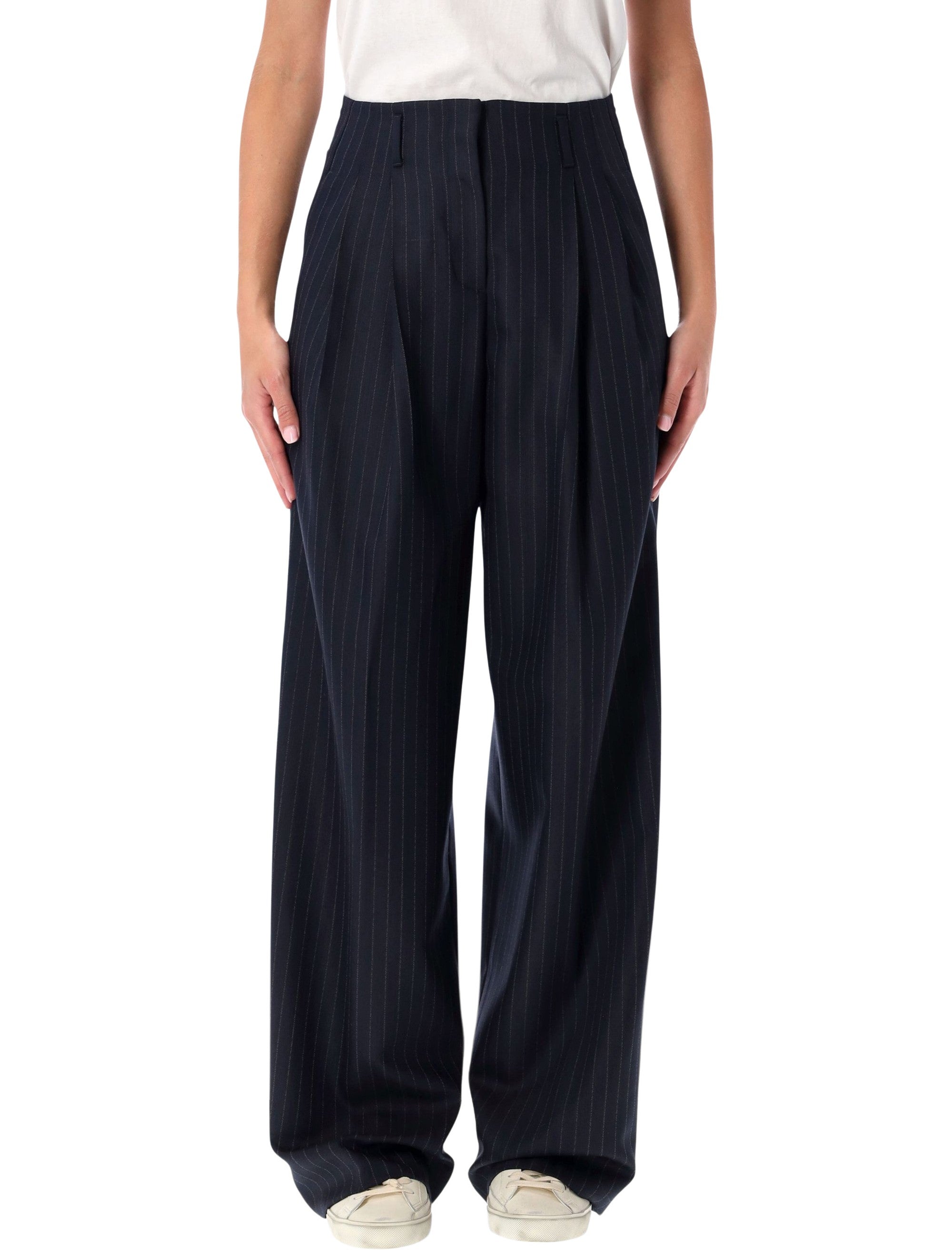 Navy blue wool pinstripe trousers Dark Virgin Pant