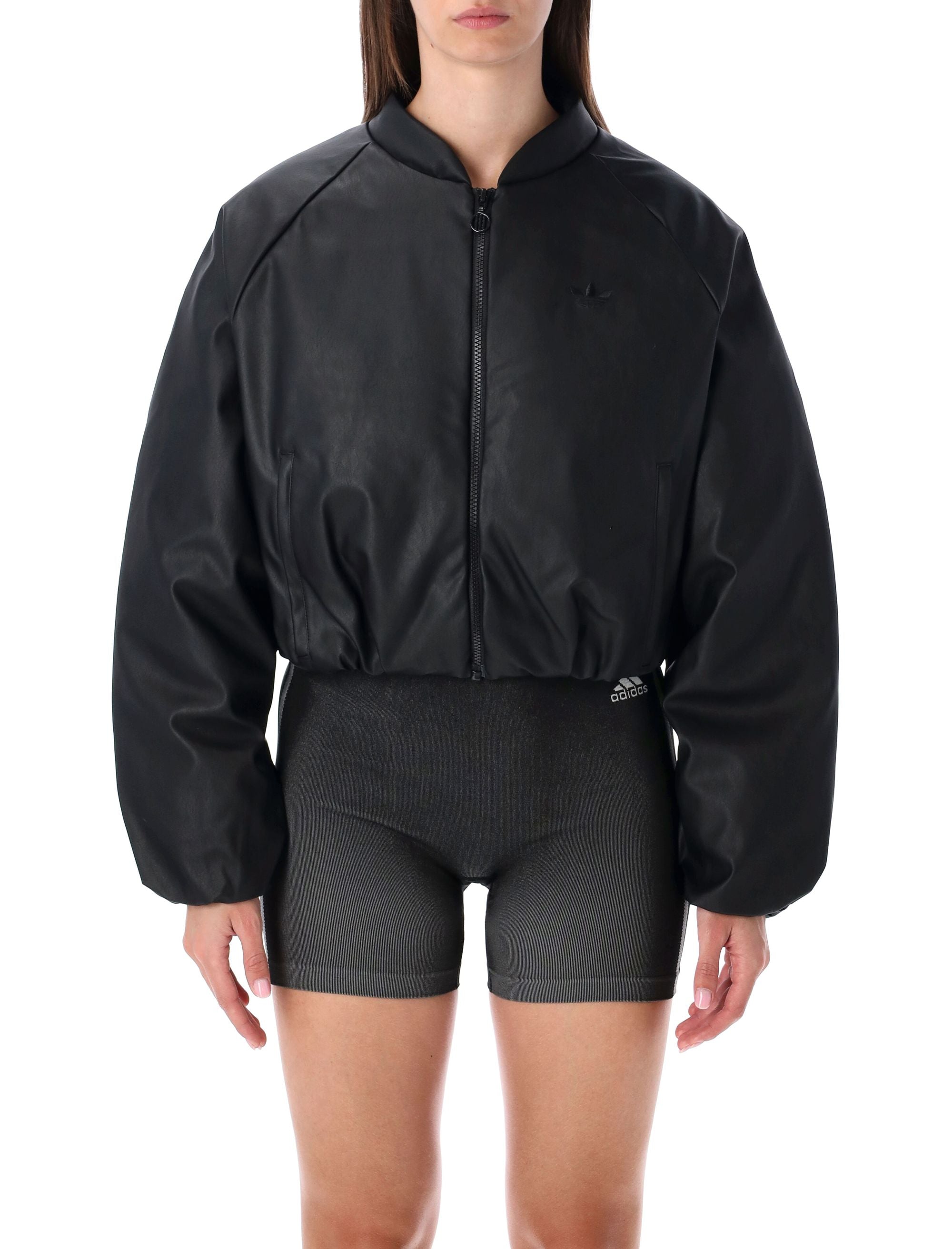 Adidas Originals Pleather Bomber Synthetic Down Jacket Black Polyurethane Lining