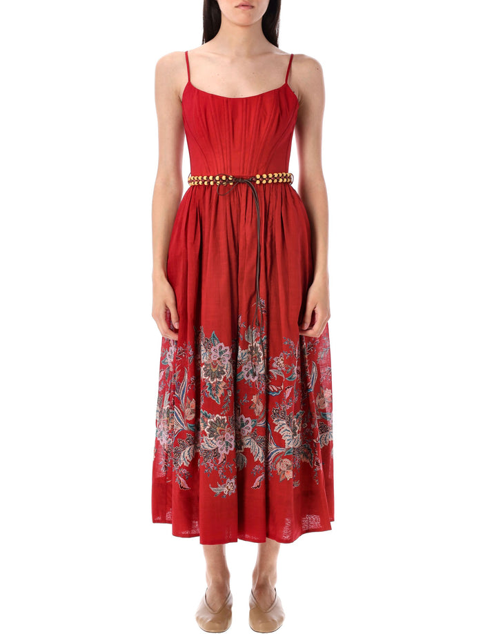 Rhiannon corset midi dress Red Multi Paisley Cotton