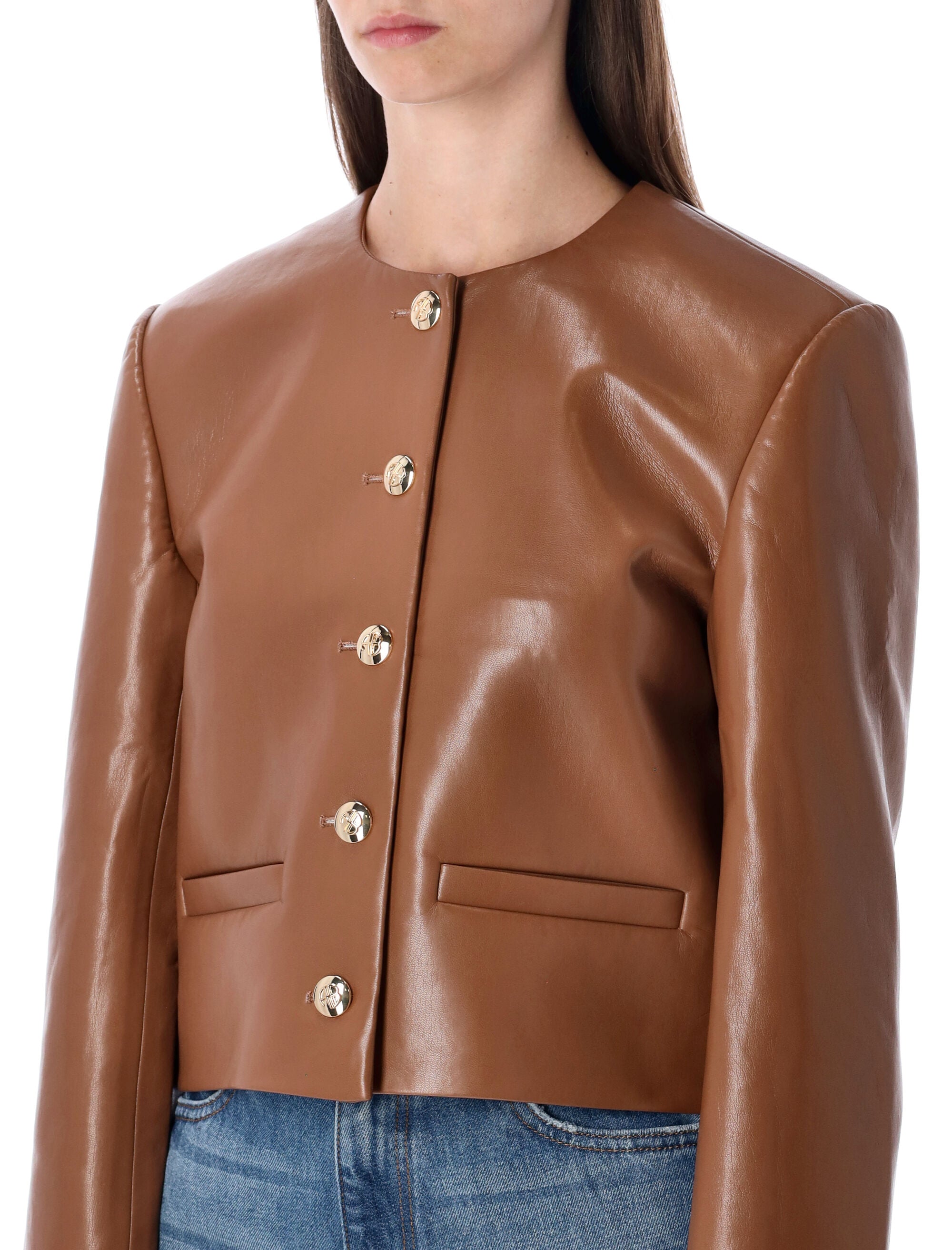 Anine Bing Cropped Leather Jacket Cognac Brown