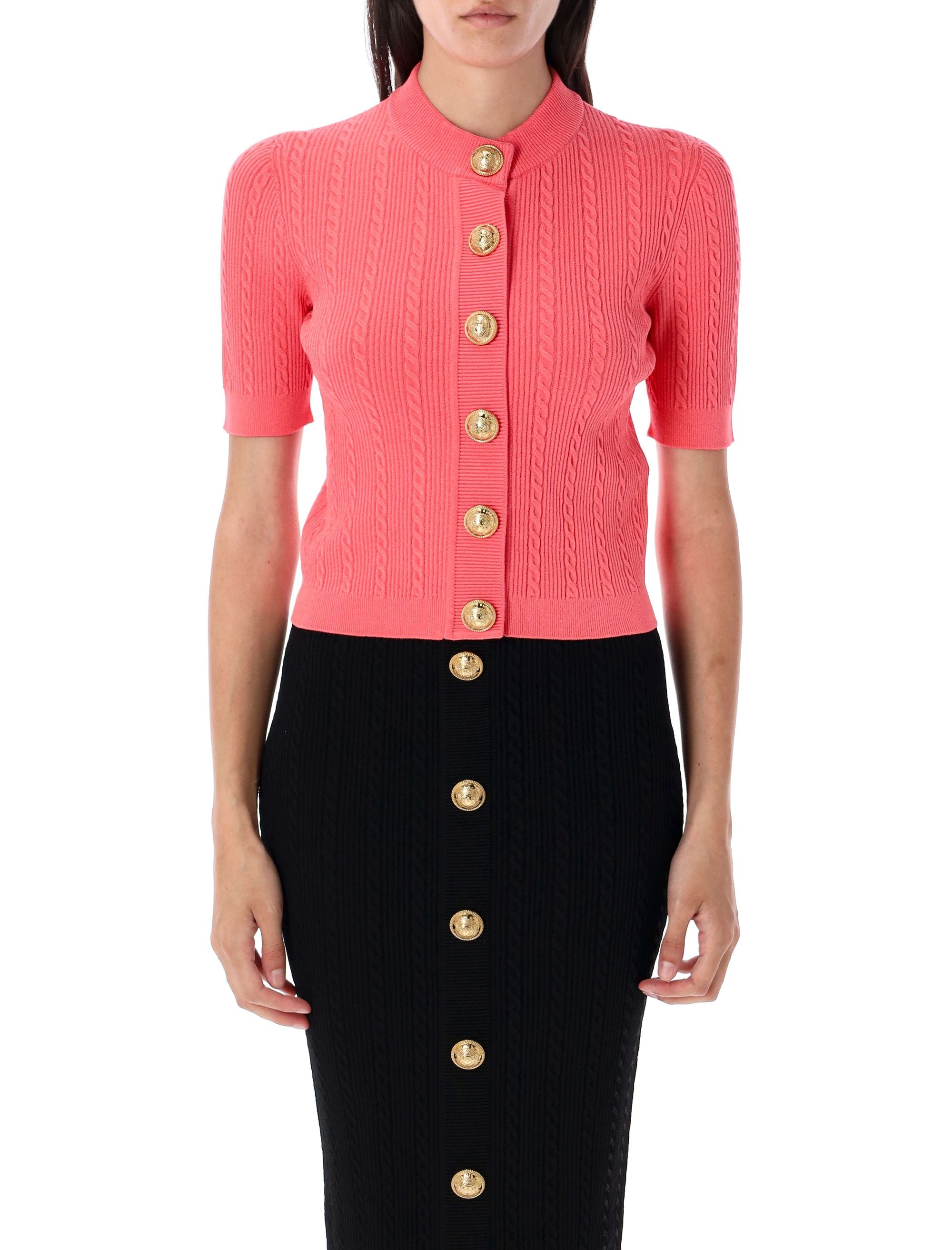 Ribbed and cable-knit cardigan Rose Foncé Viscose
