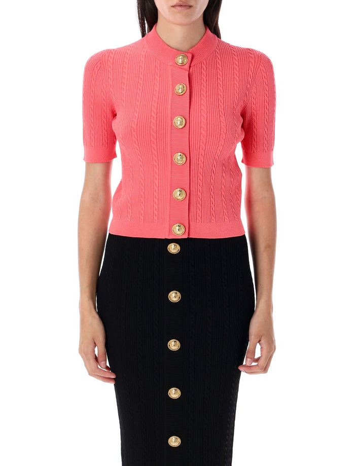 Ribbed and cable-knit cardigan Rose Foncé Viscose