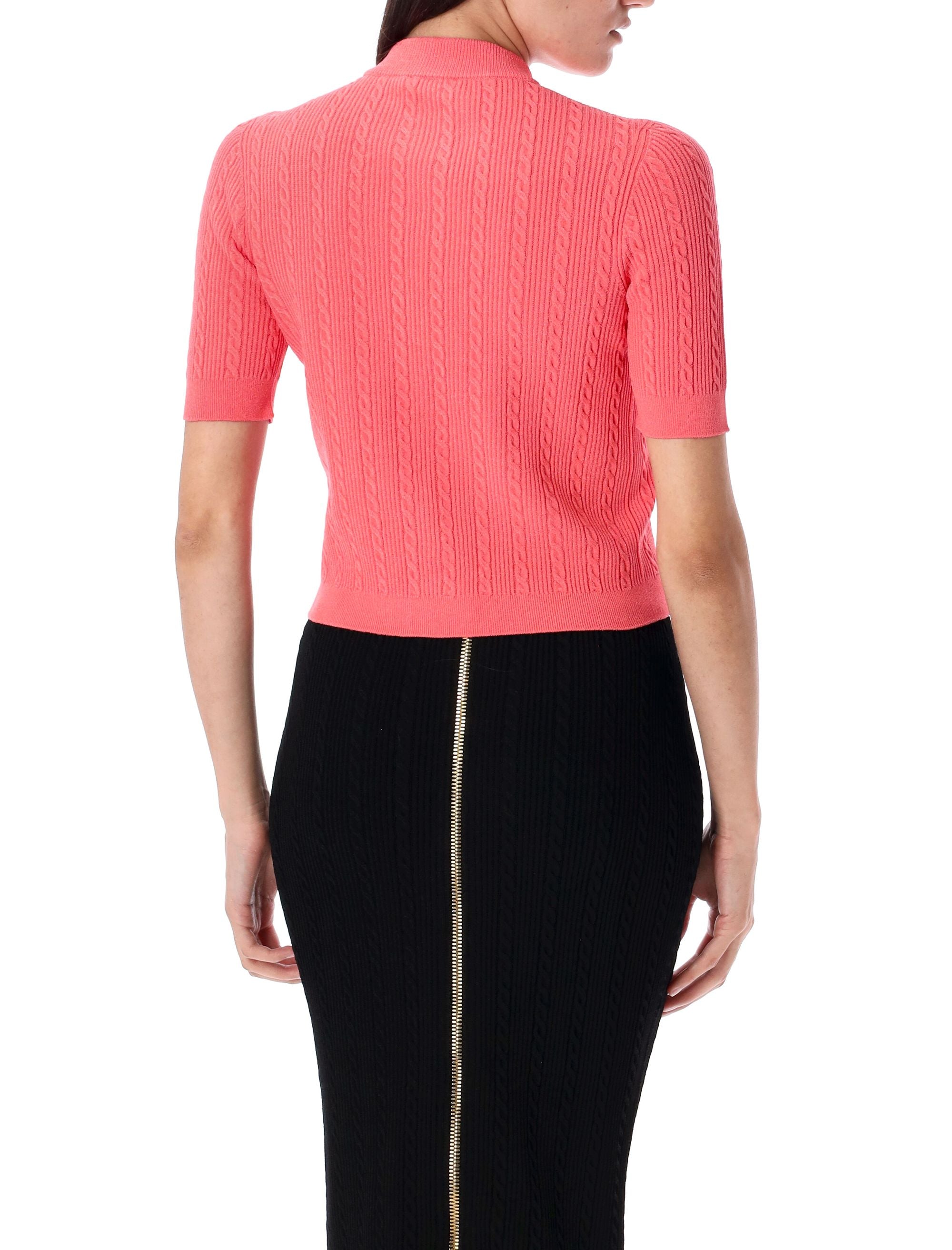 Ribbed and cable-knit cardigan Rose Foncé Viscose
