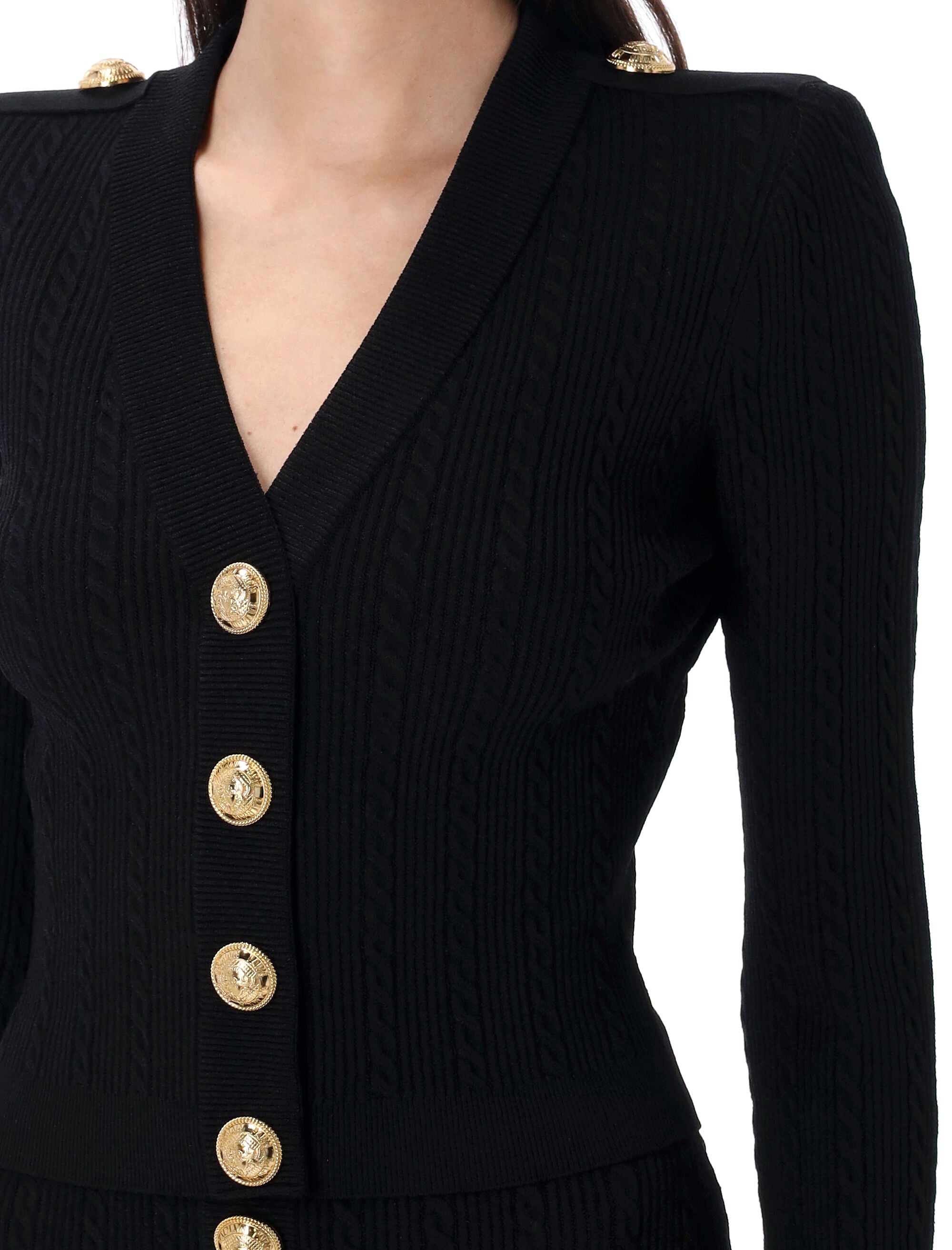Long sleeves ribbed and cable-knit cardigan Black Viscose