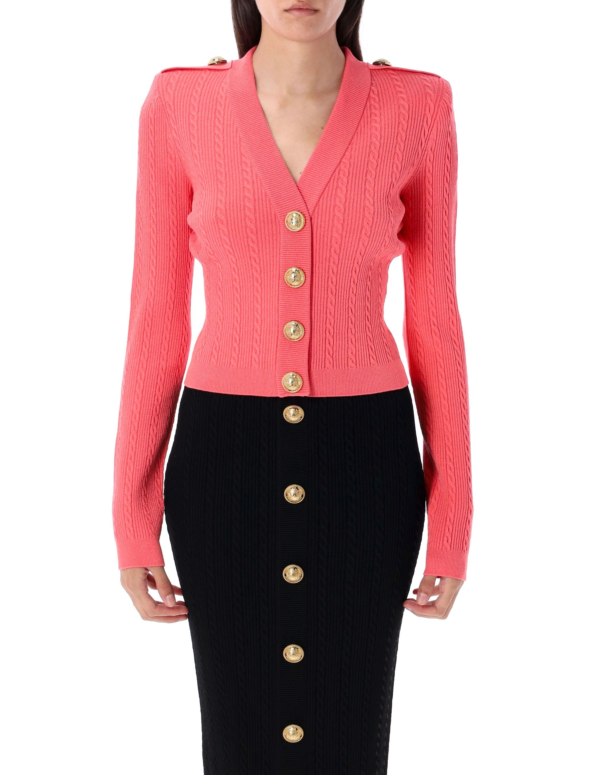 Long sleeves ribbed and cable-knit cardigan Rose Foncé Viscose