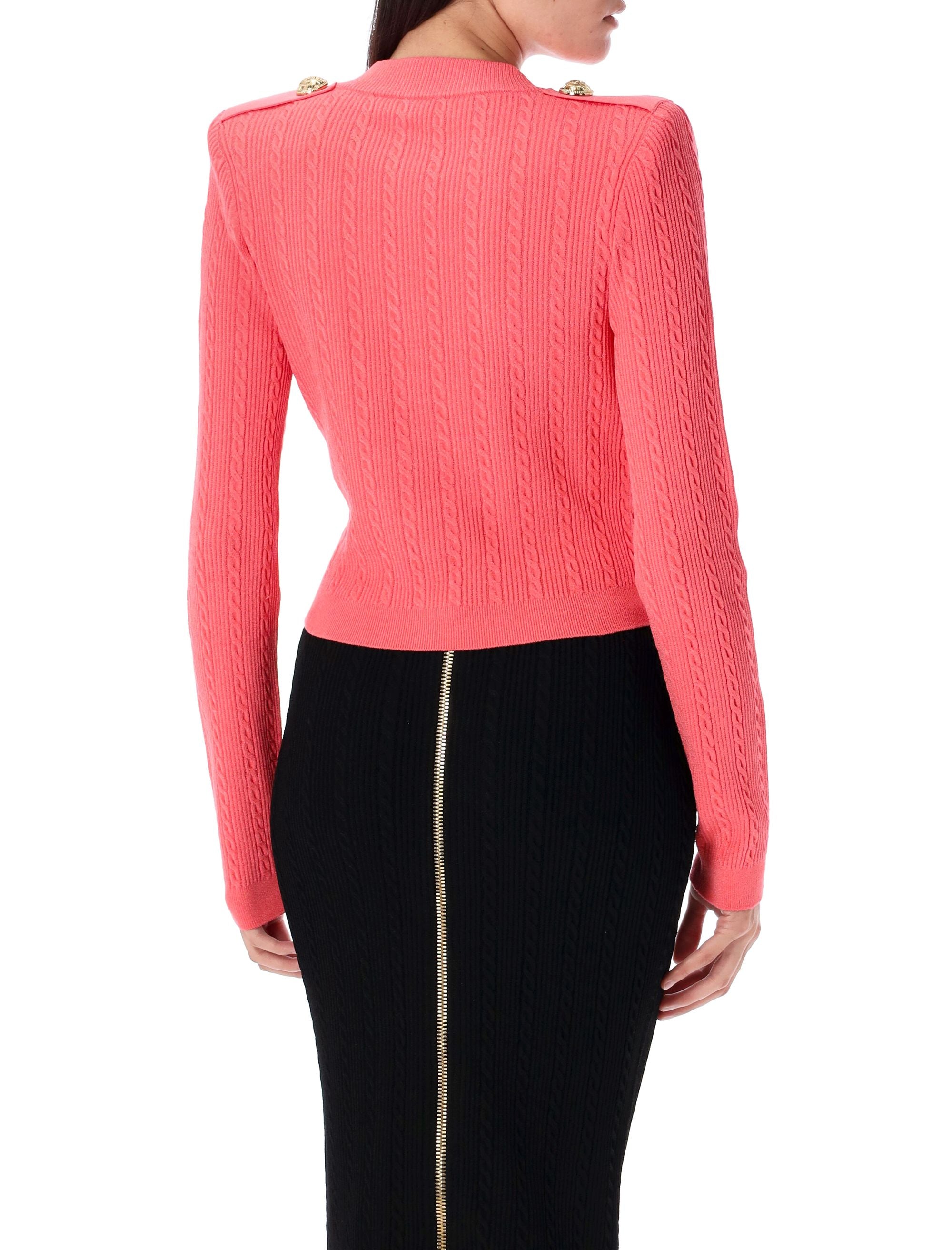 Long sleeves ribbed and cable-knit cardigan Rose Foncé Viscose
