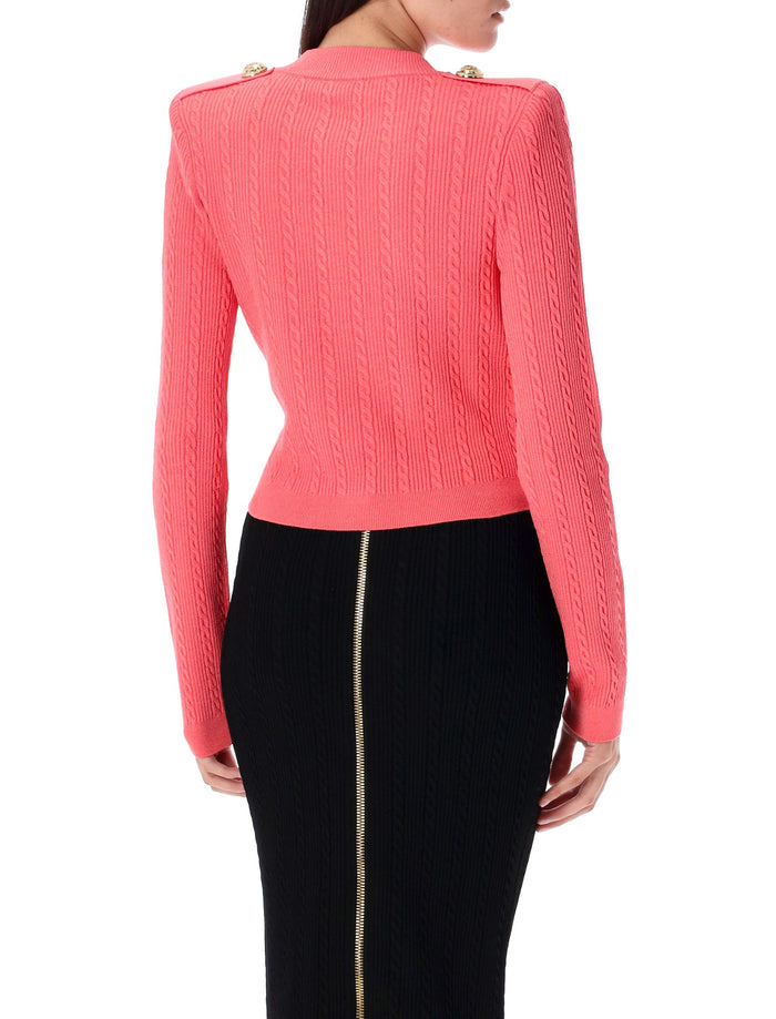 Long sleeves ribbed and cable-knit cardigan Rose Foncé Viscose