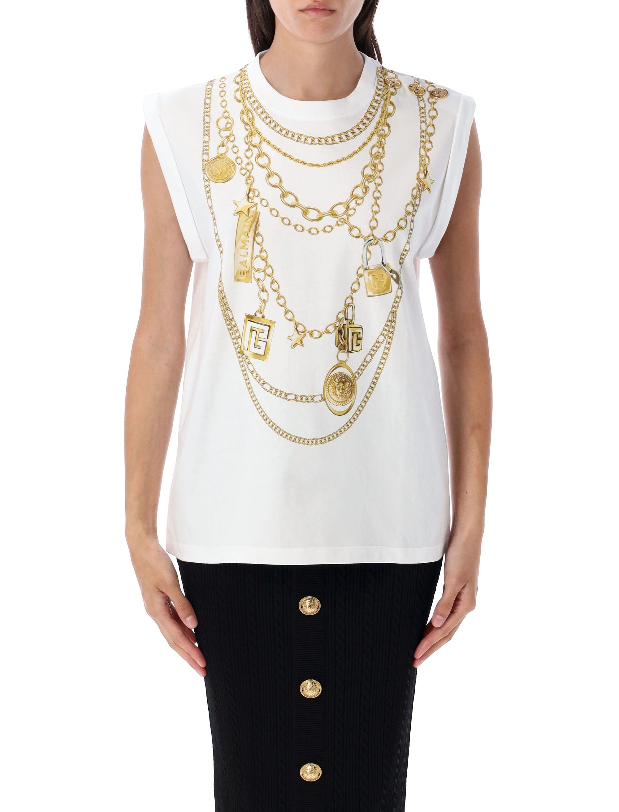 Trompe-lœil Collier print vest top White Gold Cotton Tshirt
