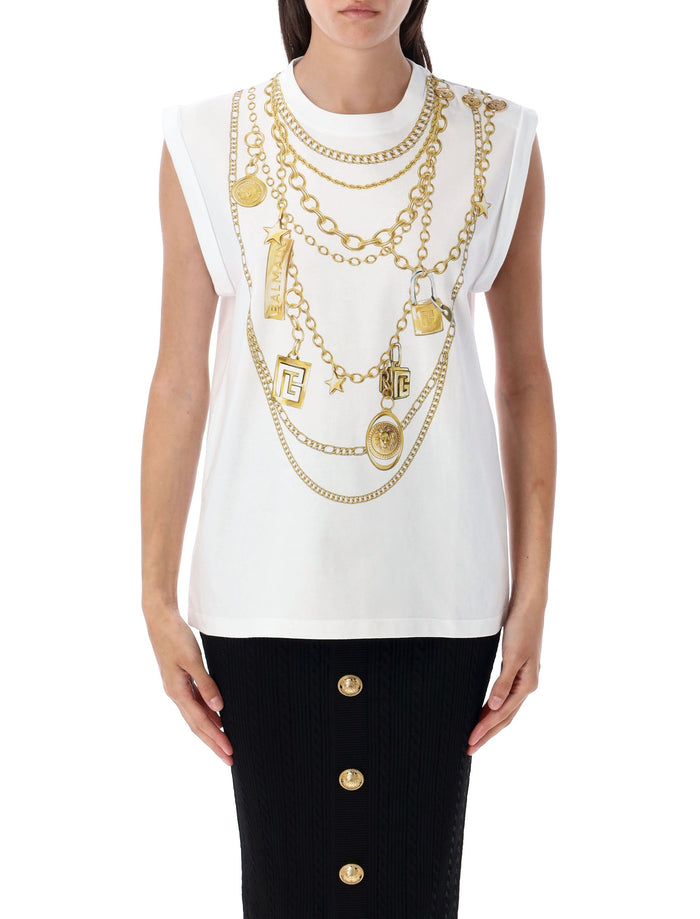 Trompe-lœil Collier print vest top White Gold Cotton Tshirt