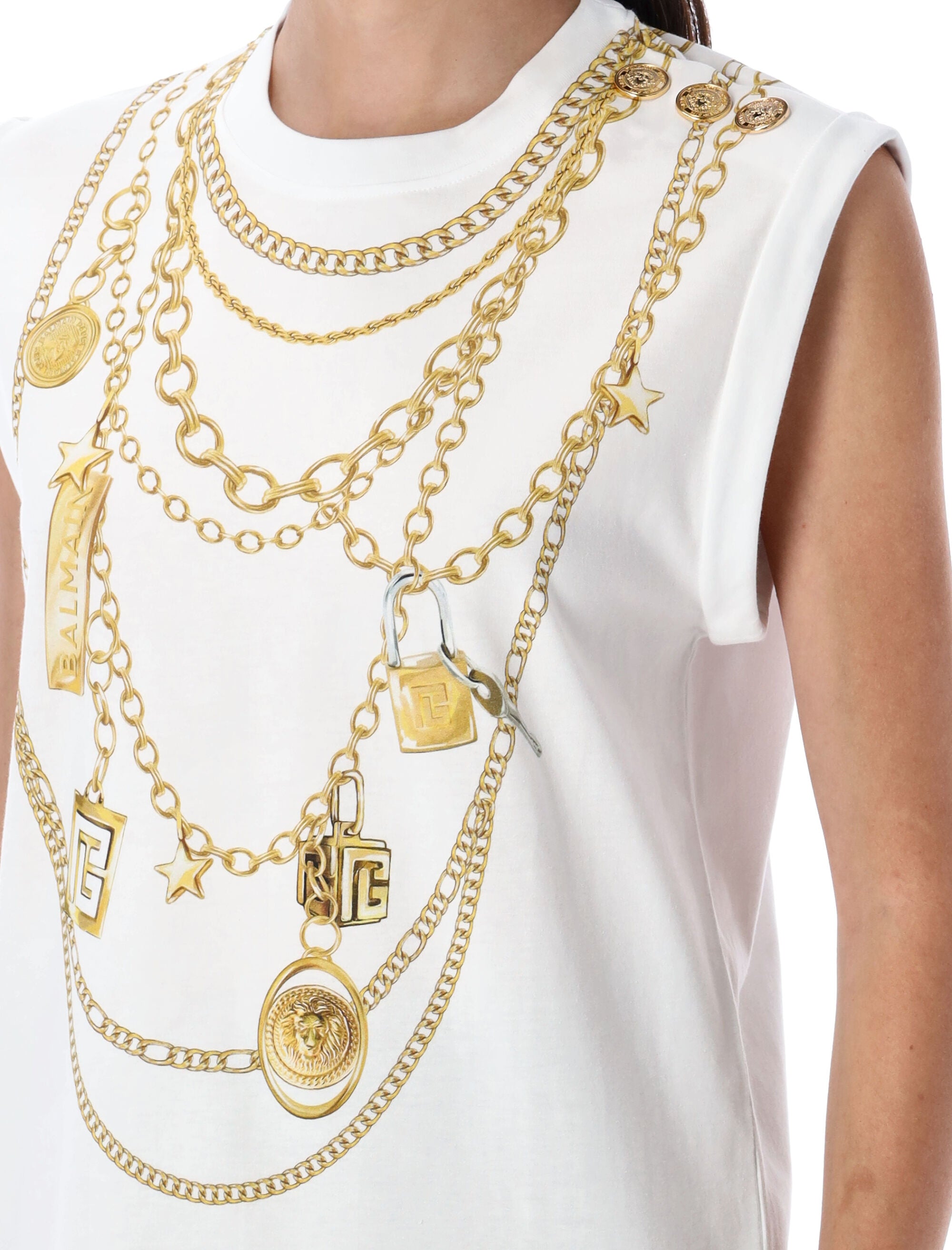 Trompe-lœil Collier print vest top White Gold Cotton Tshirt