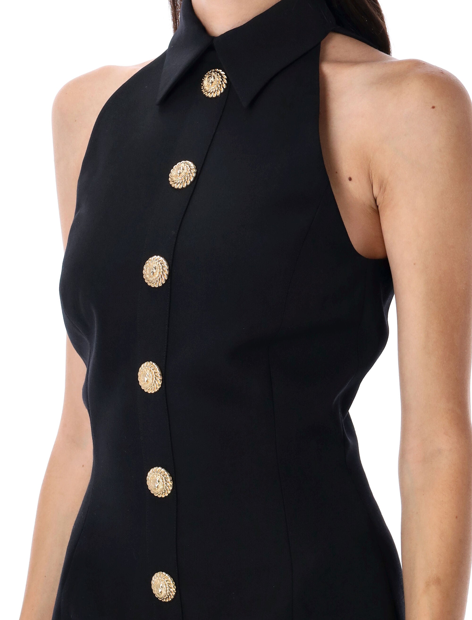 Buttoned halter-neck mini dress Black Virgin Wool
