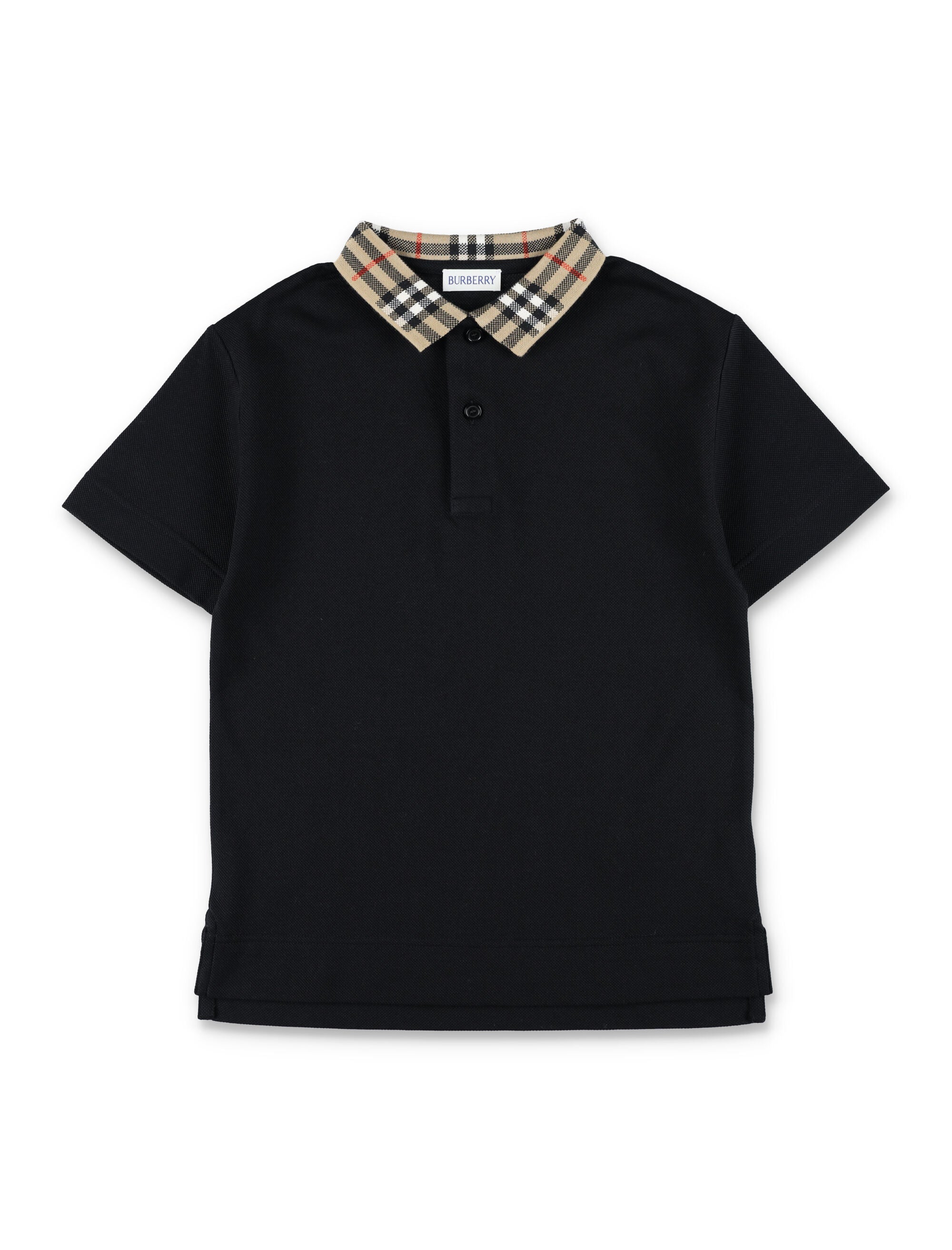 Kid - Burberry Black Polo with Check Collar Cotton T-shirt