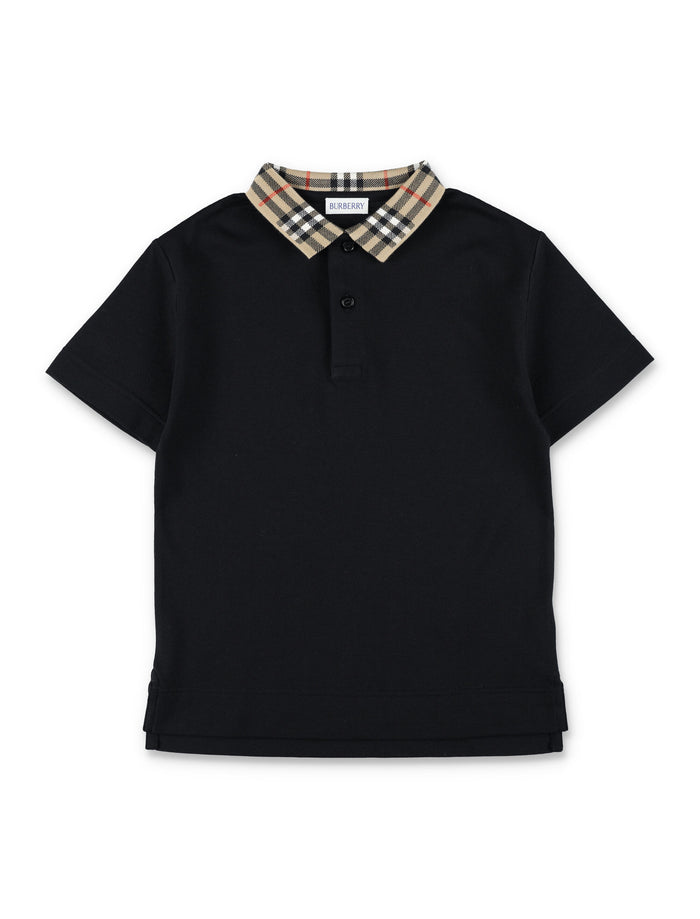 Kid - Burberry Black Polo with Check Collar Cotton T-shirt