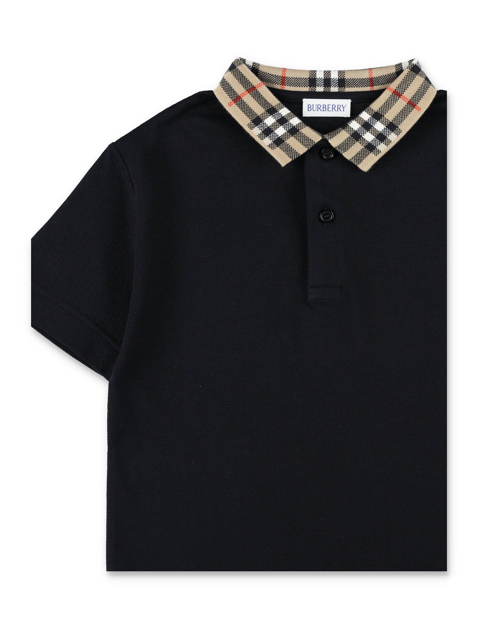 Kid - Burberry Black Polo with Check Collar Cotton T-shirt