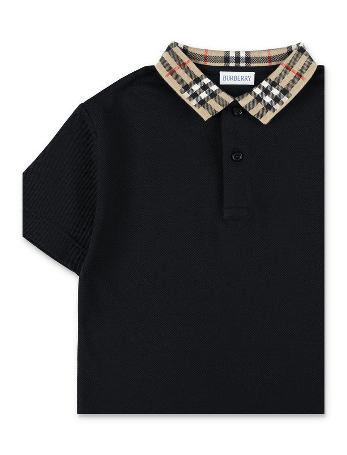 Kid - Burberry Black Polo with Check Collar Cotton T-shirt