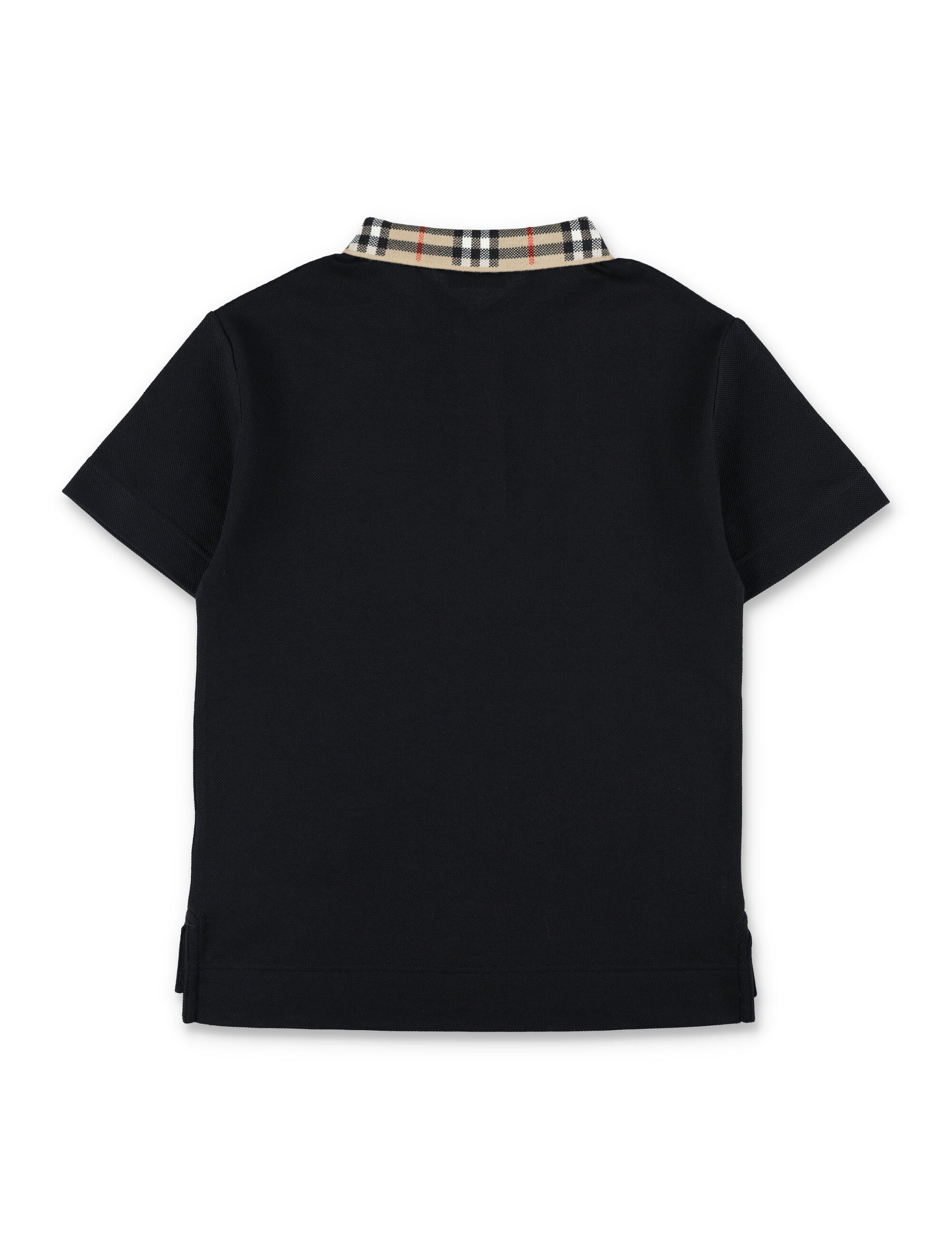 Kid - Burberry Black Polo with Check Collar Cotton T-shirt