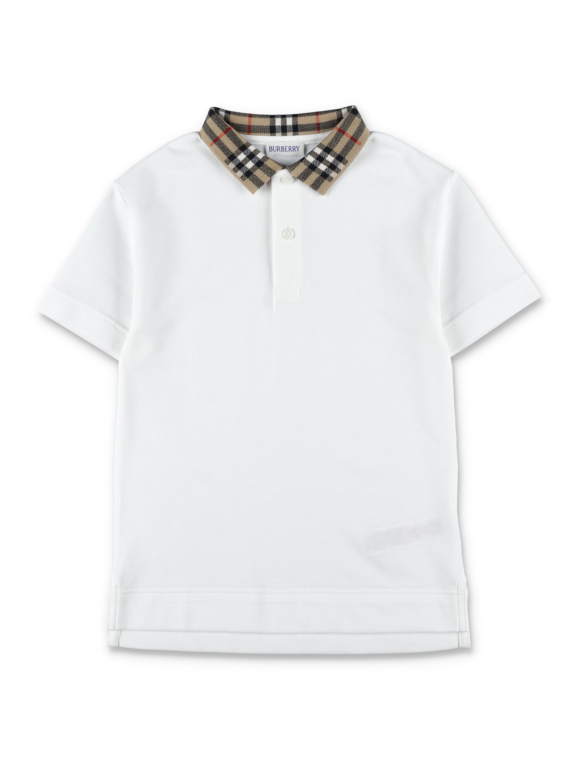 Kid - Burberry Cotton Polo with Check Collar White T-shirt