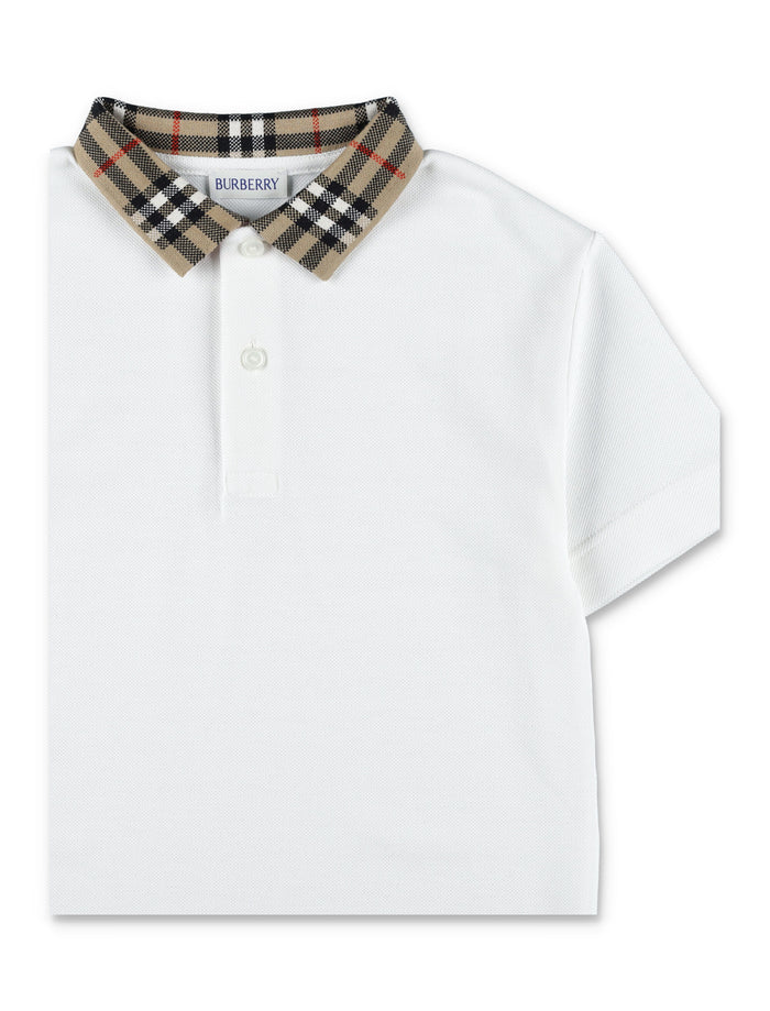 Kid - Burberry Cotton Polo with Check Collar White T-shirt
