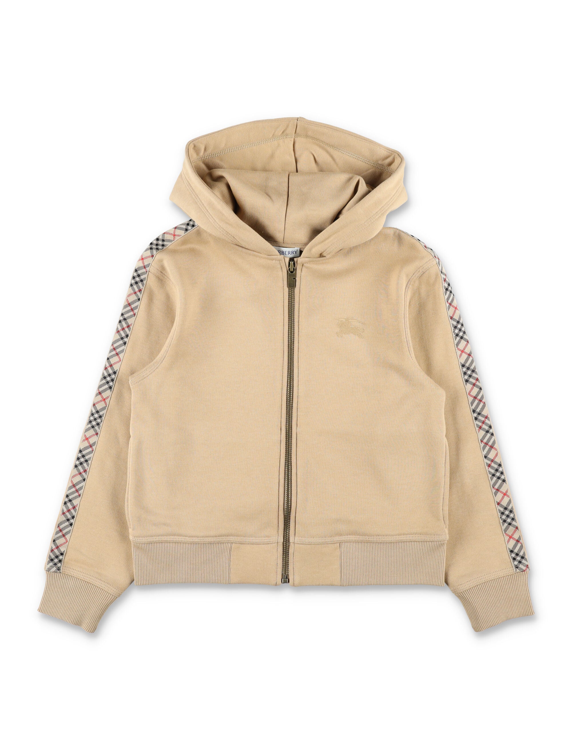 Kid - Cotton Zip Hoodie with Check Trim Sand Sweatshirt