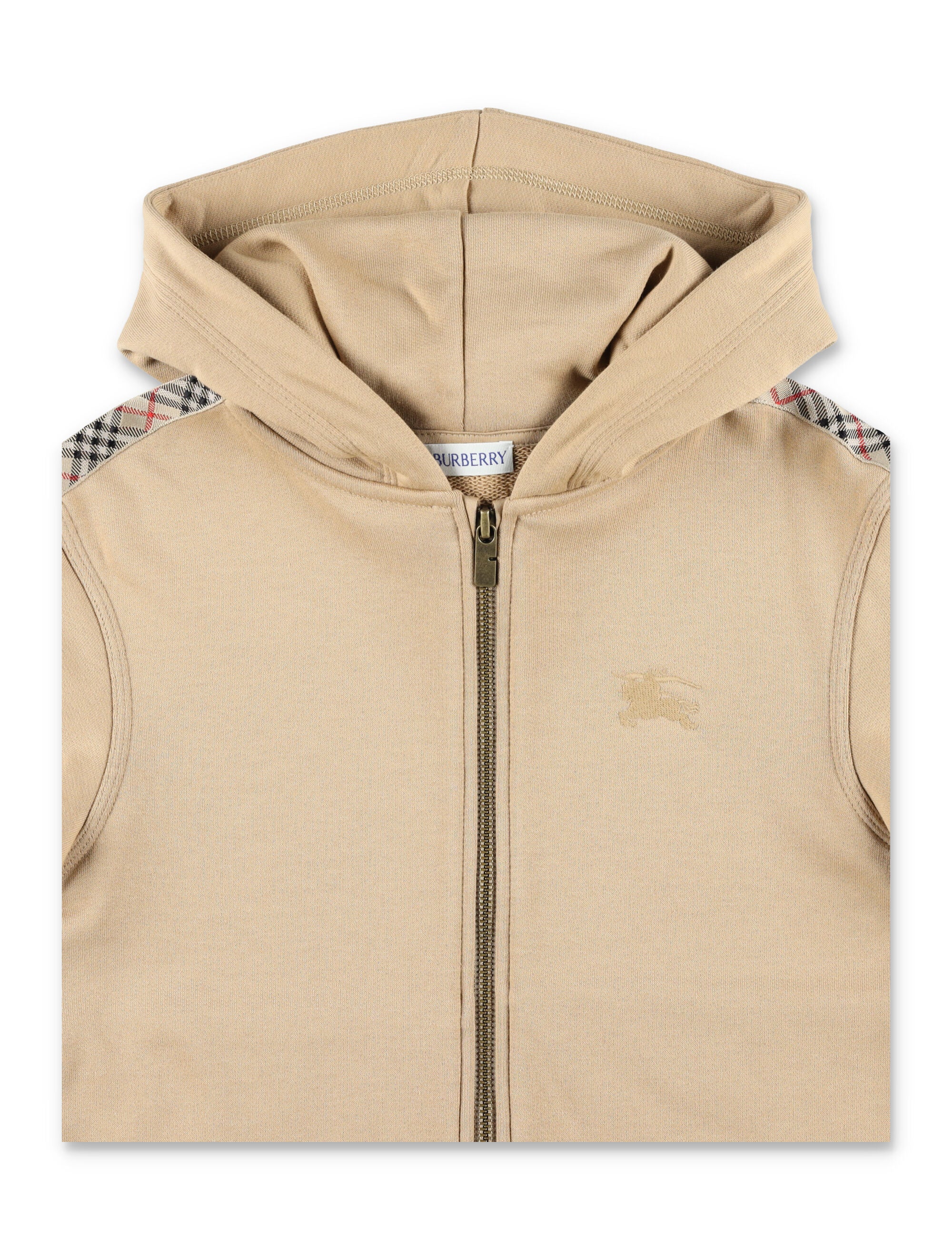 Kid - Cotton Zip Hoodie with Check Trim Sand Sweatshirt