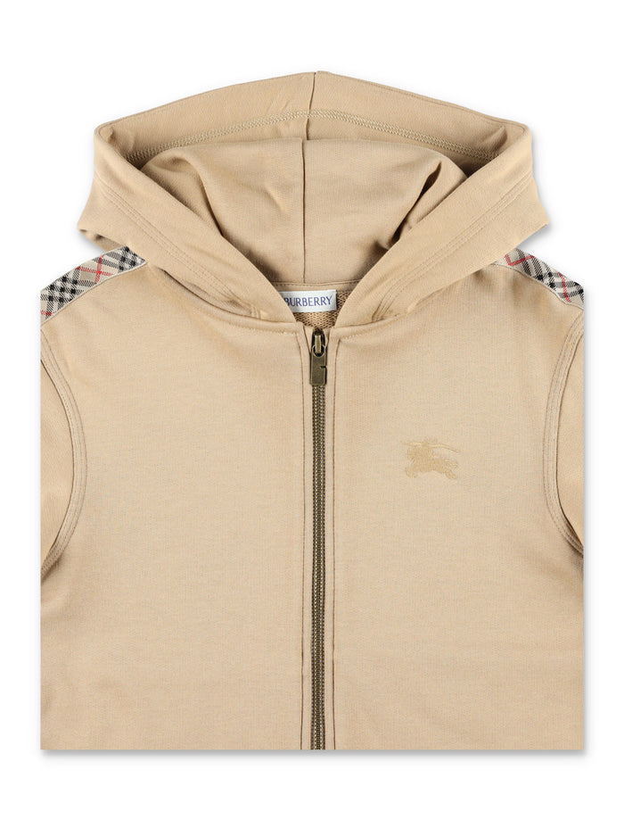 Kid - Cotton Zip Hoodie with Check Trim Sand Sweatshirt