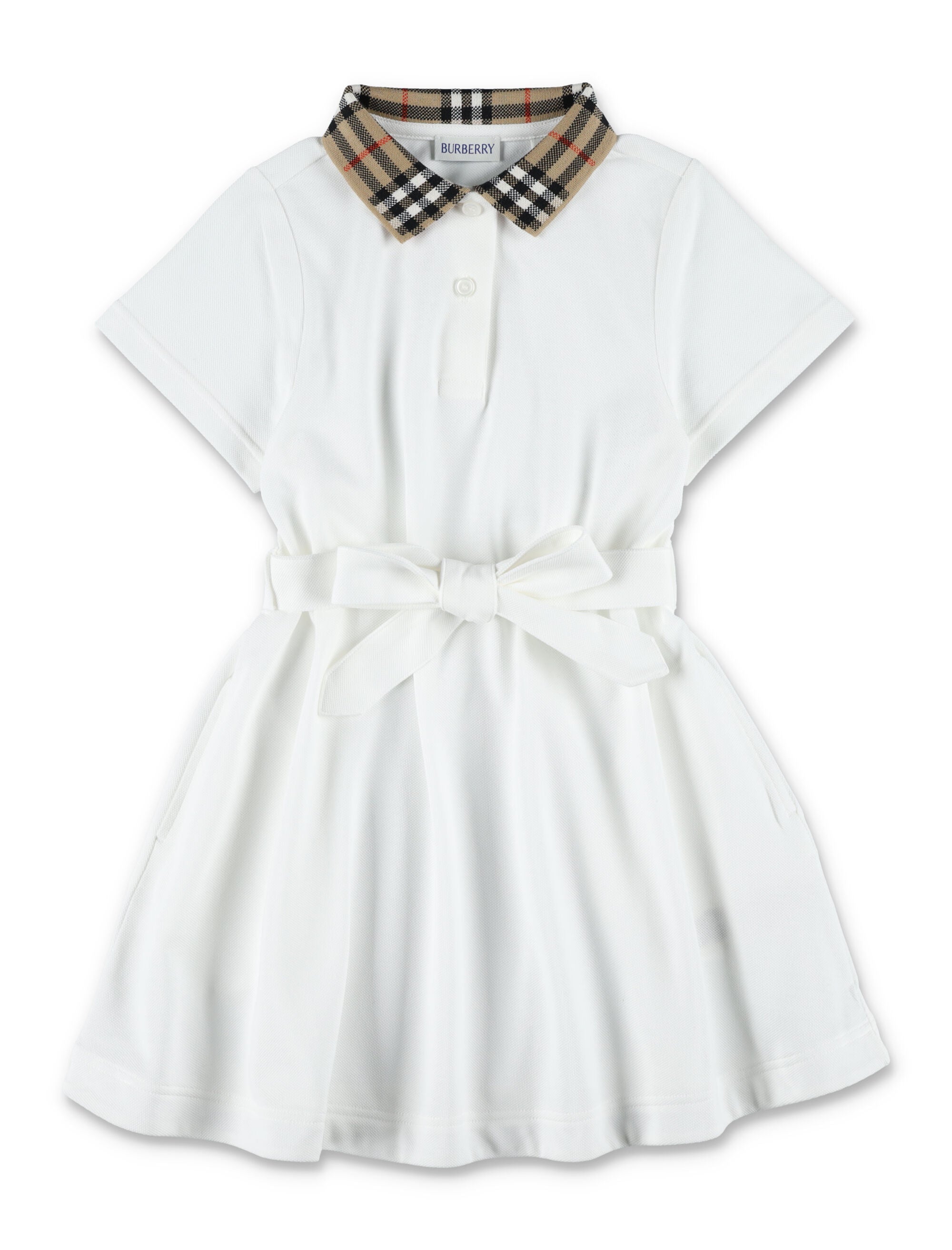 Kid - Burberry Polo Dress with Check Collar White Cotton
