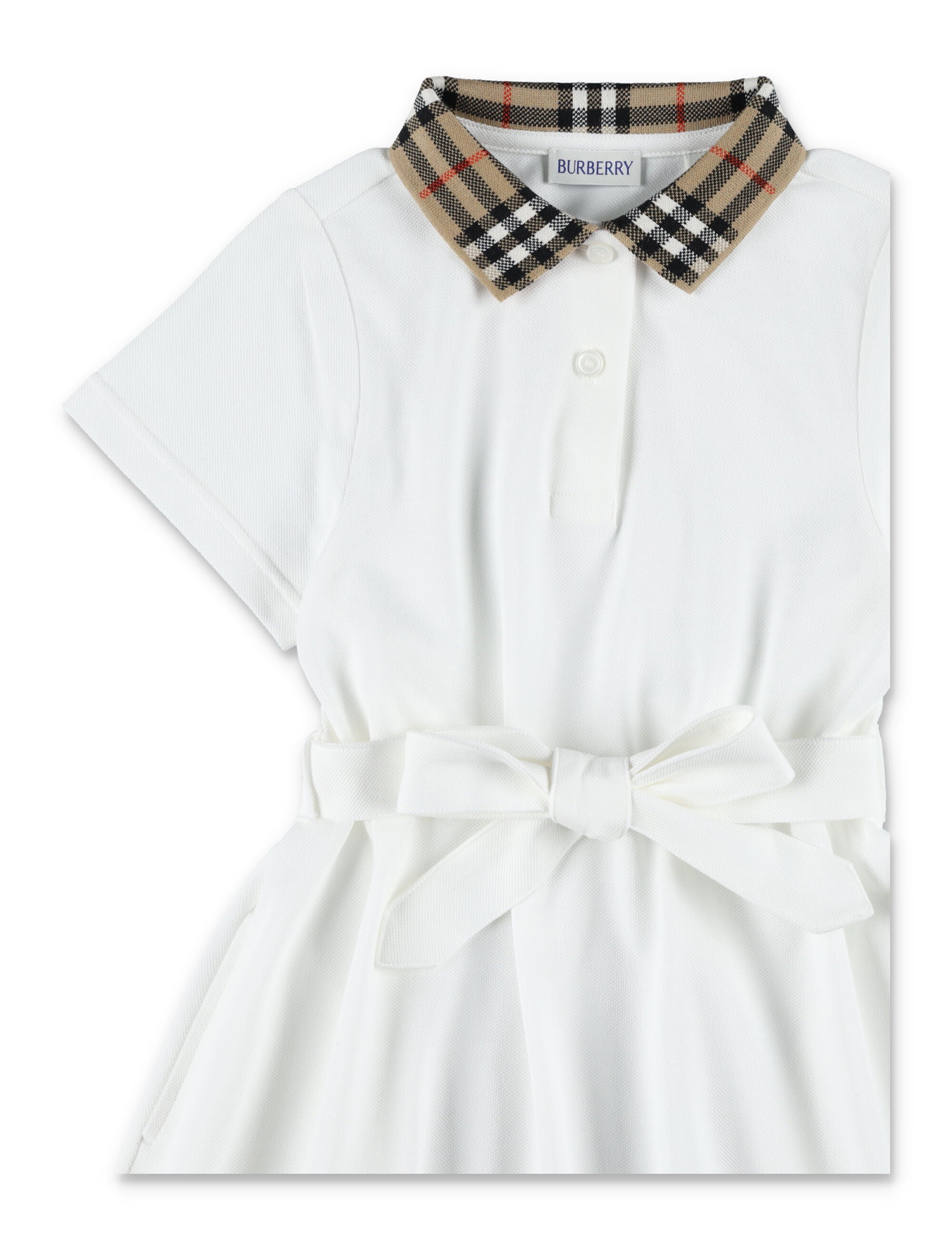 Kid - Burberry Polo Dress with Check Collar White Cotton