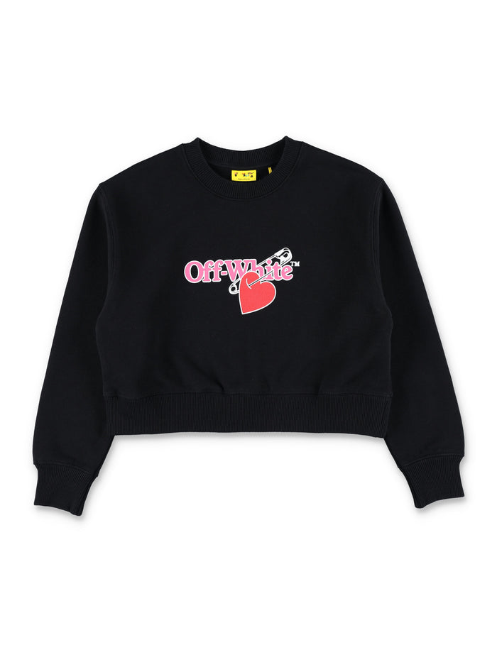 Off-White Kids Black Cropped Cotton Sweatshirt With Heart Print