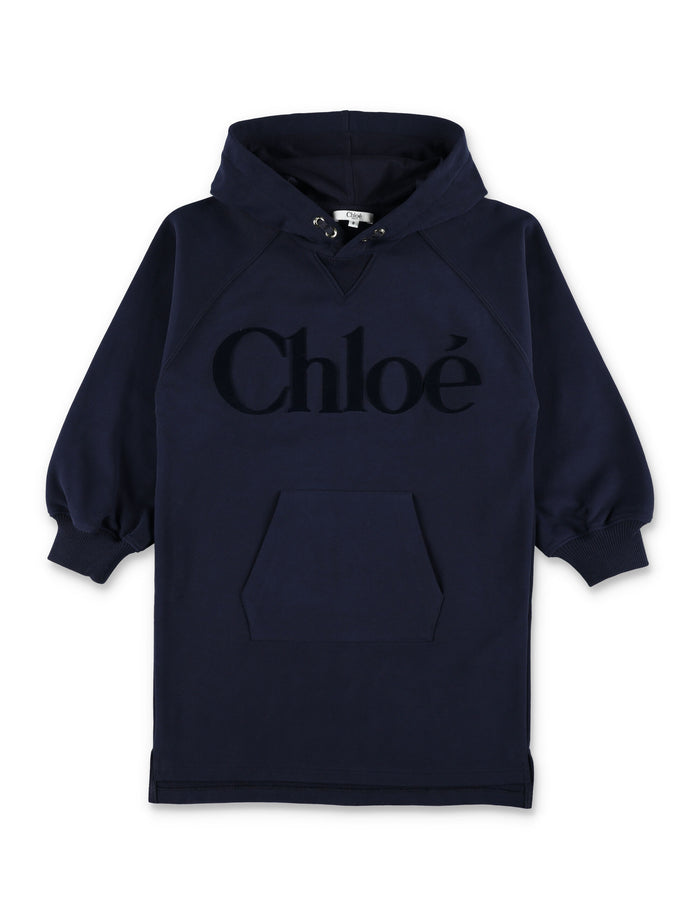 Chloé kids logo Hooded dress in brushed fleece Navy Cotton