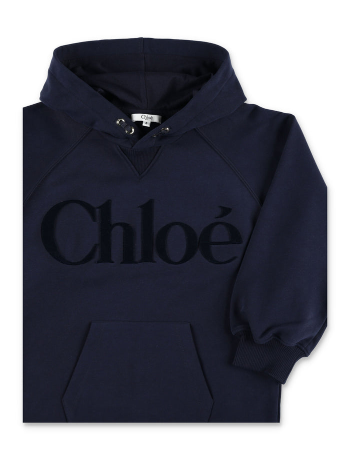 Chloé kids logo Hooded dress in brushed fleece Navy Cotton