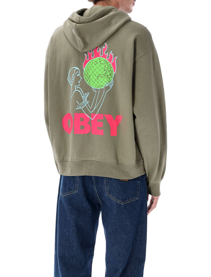 Obey World in Flames Premium Hoodie Deep Lichen Green Cotton Sweatshirt