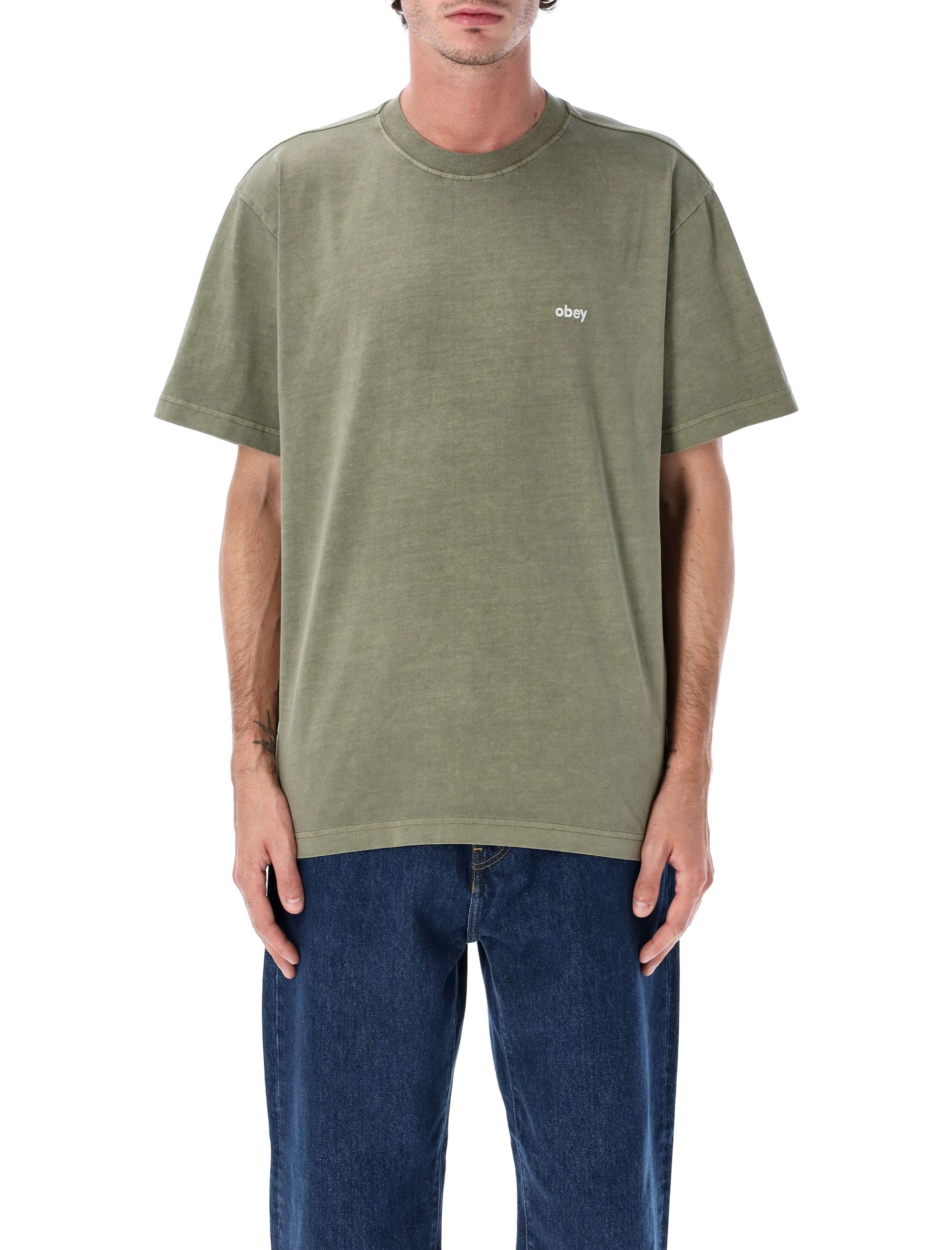 Obey Lowercase Pigment Dyed Cotton T-Shirt Deep Lichen Green