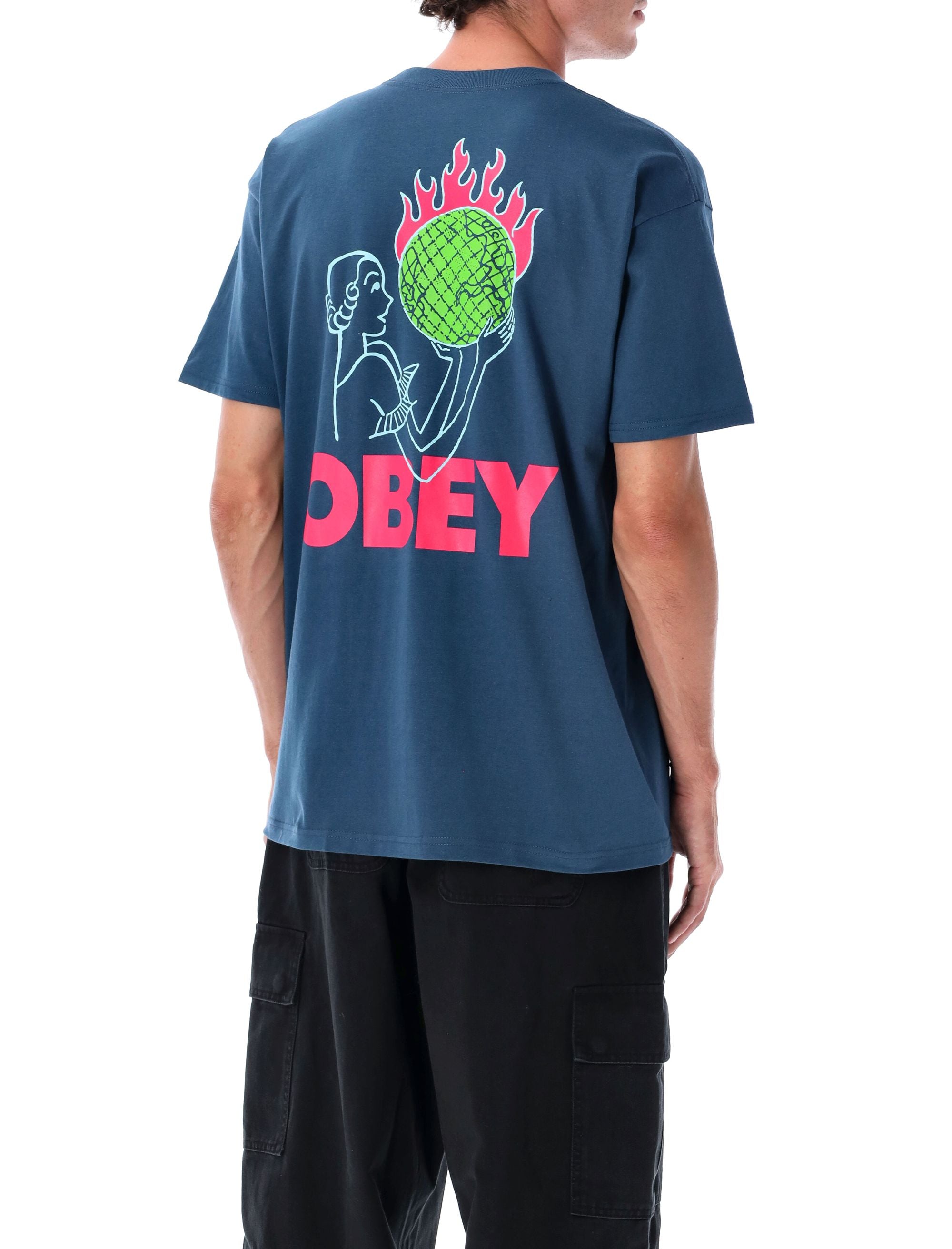 Obey World in Flames T-shirt Harbor Blue Cotton Tshirt