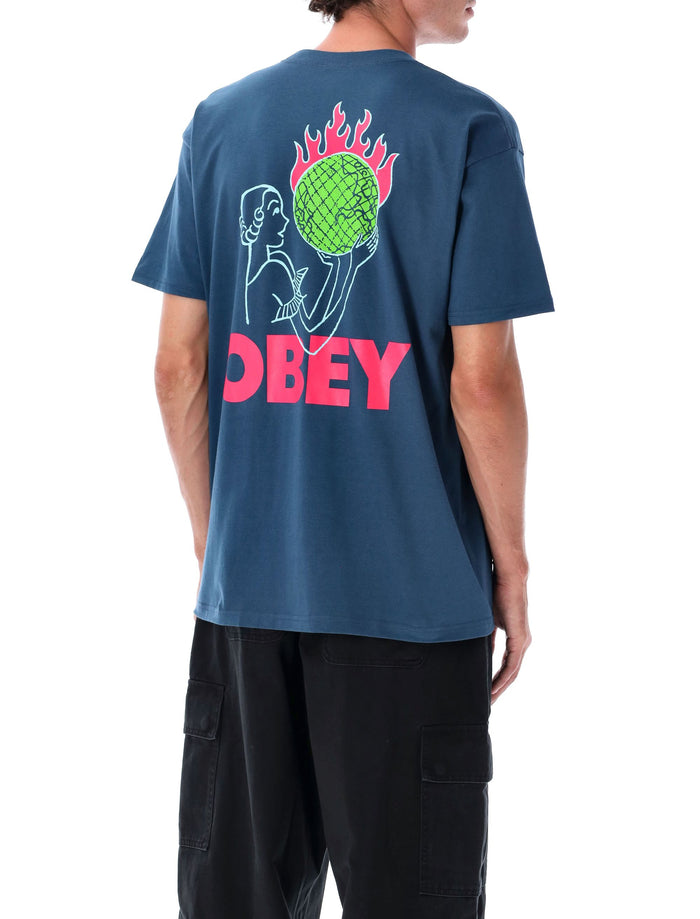 Obey World in Flames T-shirt Harbor Blue Cotton Tshirt