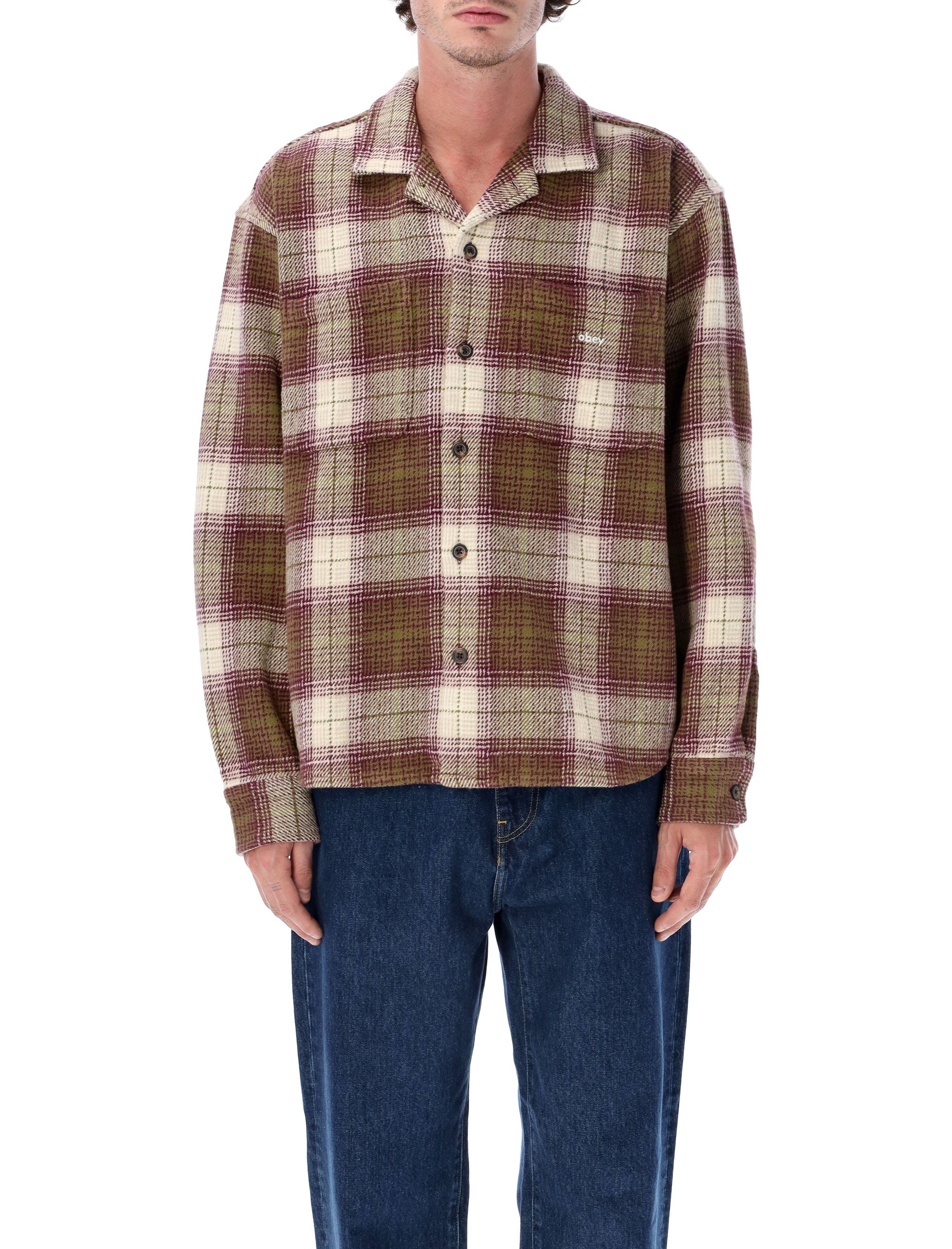 Obey Laurel Woven Cotton Plaid Shirt Moss Green