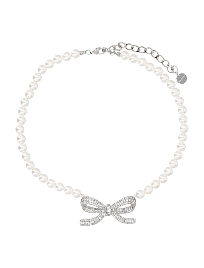 Pearl Bow Necklace Faux Brass