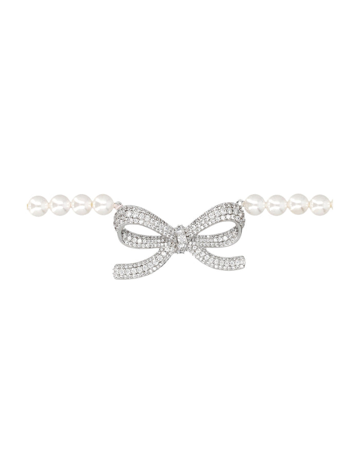 Pearl Bow Necklace Faux Brass