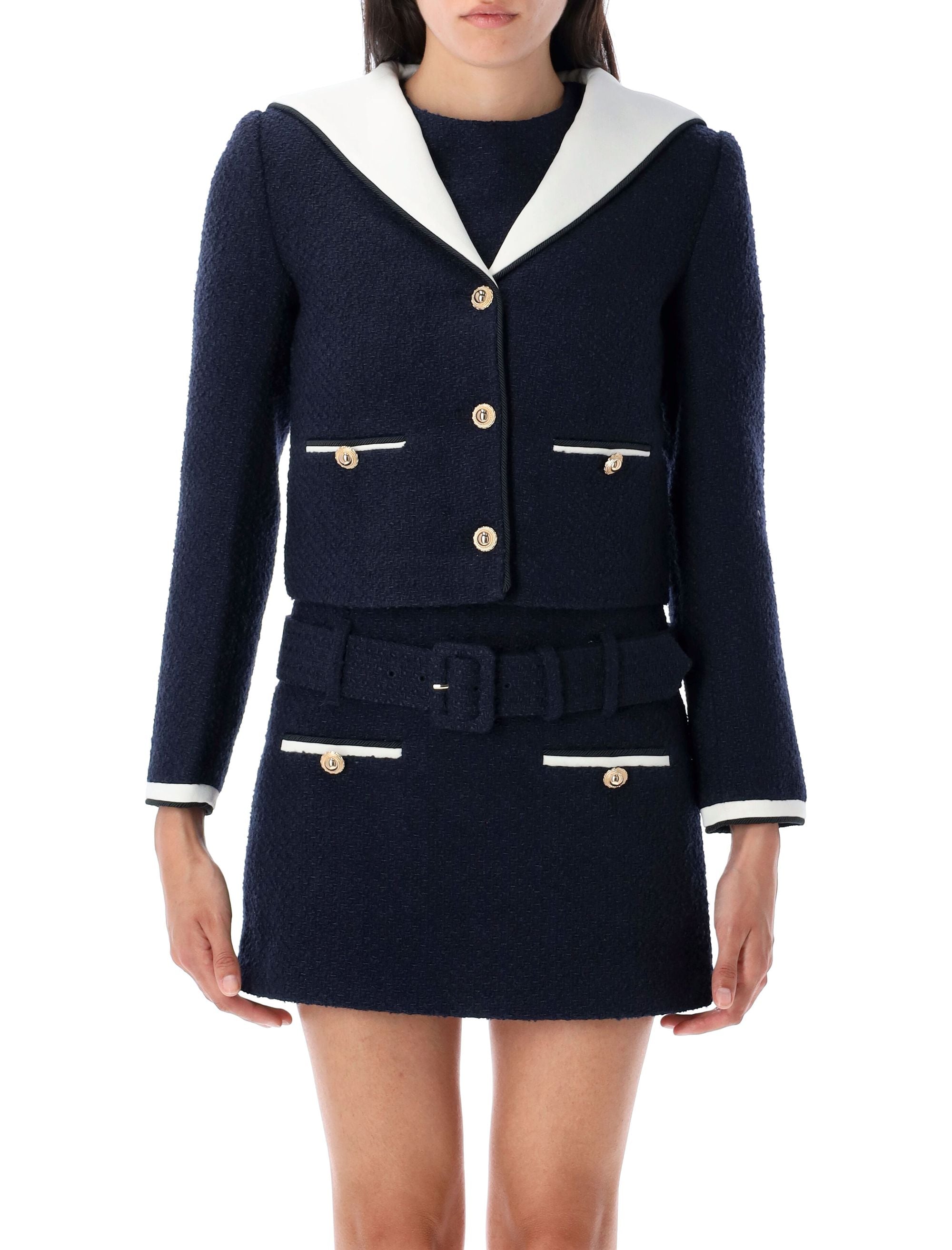 Boucle contrast collar jacket Blue Polyester
