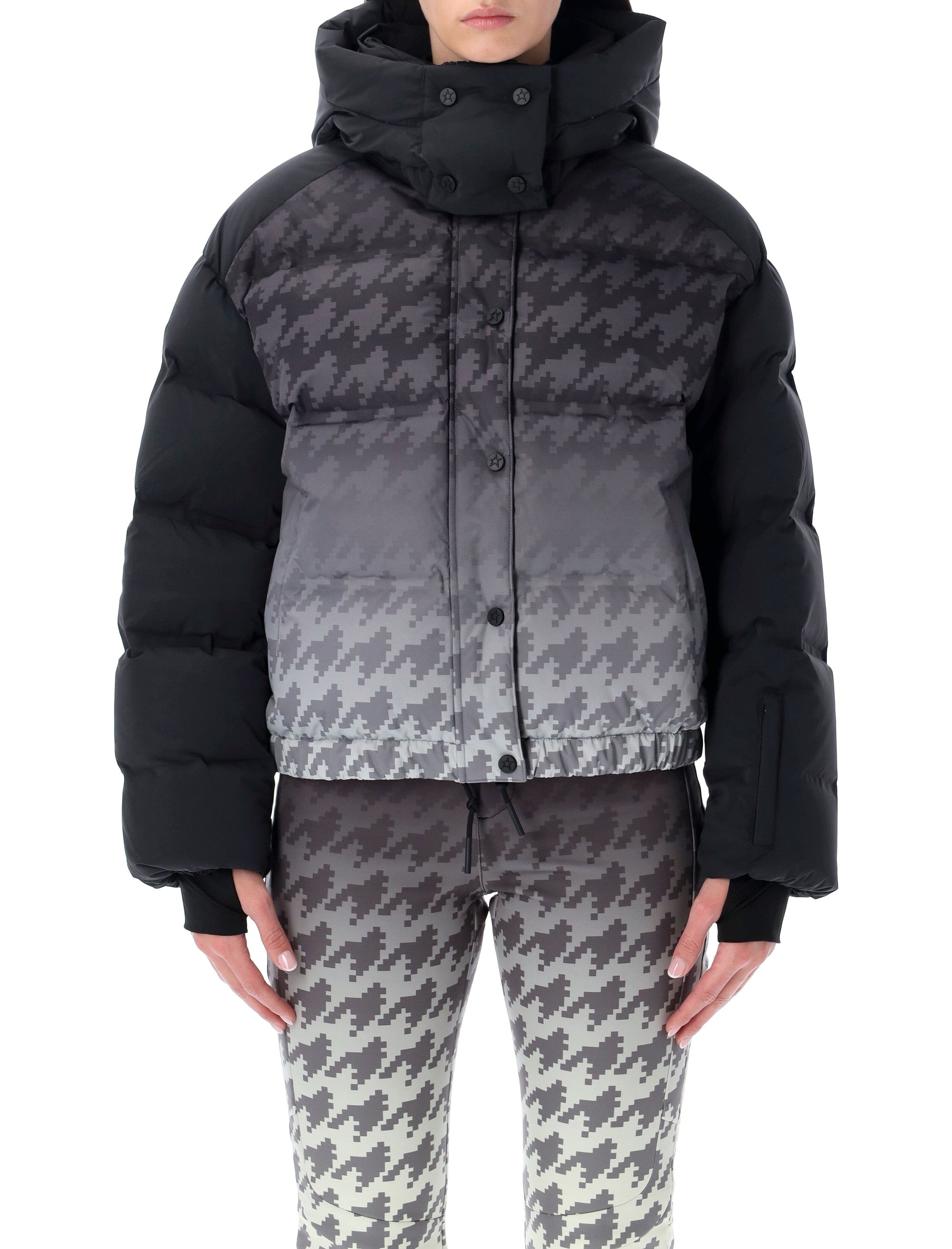 Perfect Moment black Houndstooth technical puffer Pied Pul Degrade Polyethylene Lining Ski Wear