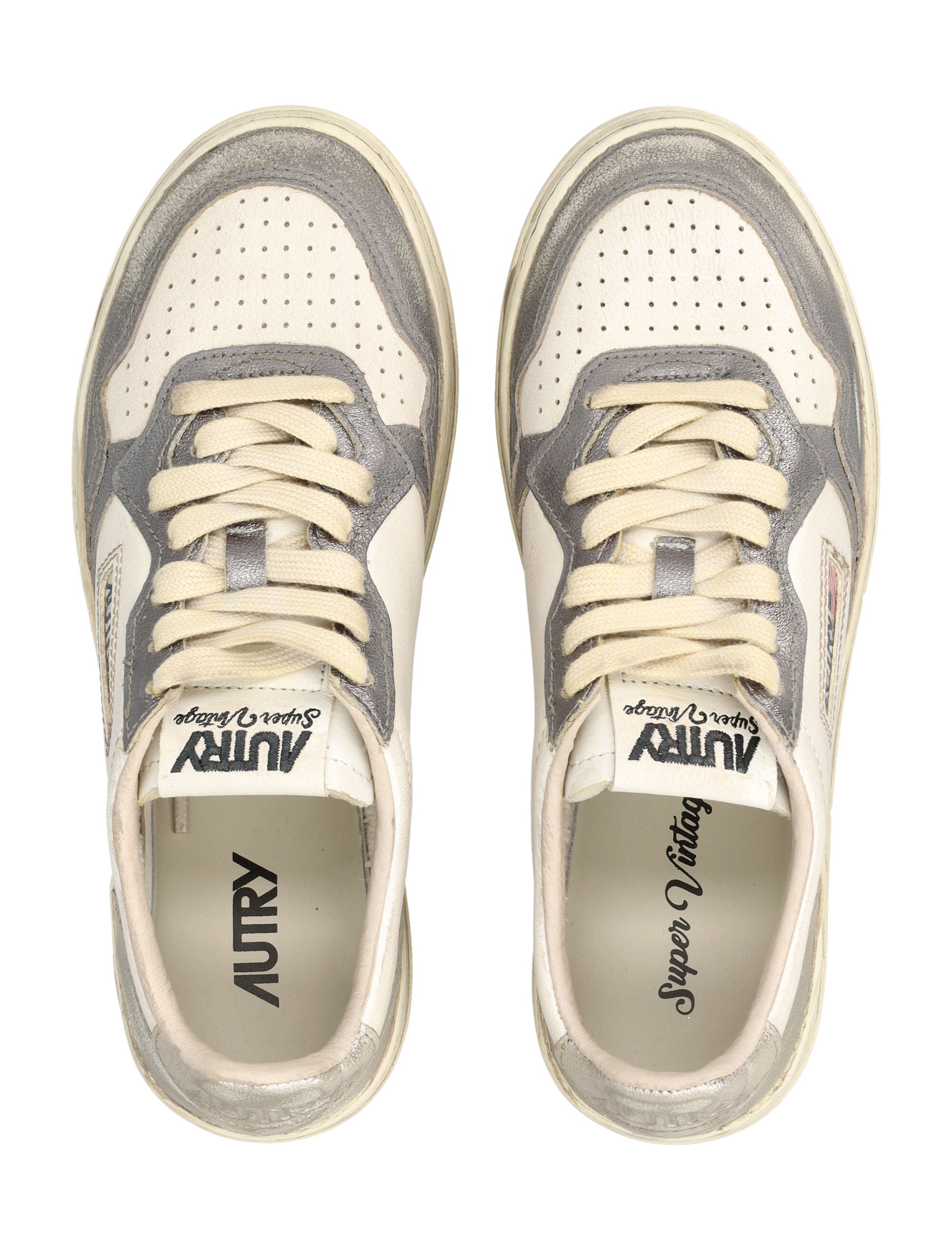 Autry Medalist Low Super Vintage Womans Sneakers in White, Old Silver, and Platinum White/old Silver/platinum Upper