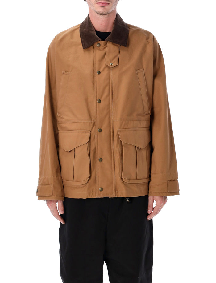 Junya Watanabe Work Jacket with Corduroy Collar and Check Panel Beige Red Cotton Attached Fabric
