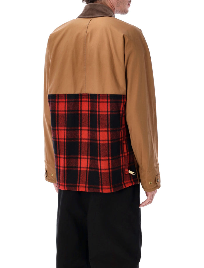 Junya Watanabe Work Jacket with Corduroy Collar and Check Panel Beige Red Cotton Attached Fabric
